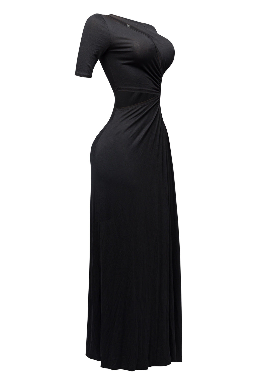 Black short sleeve cutout maxi dress, detail view on model