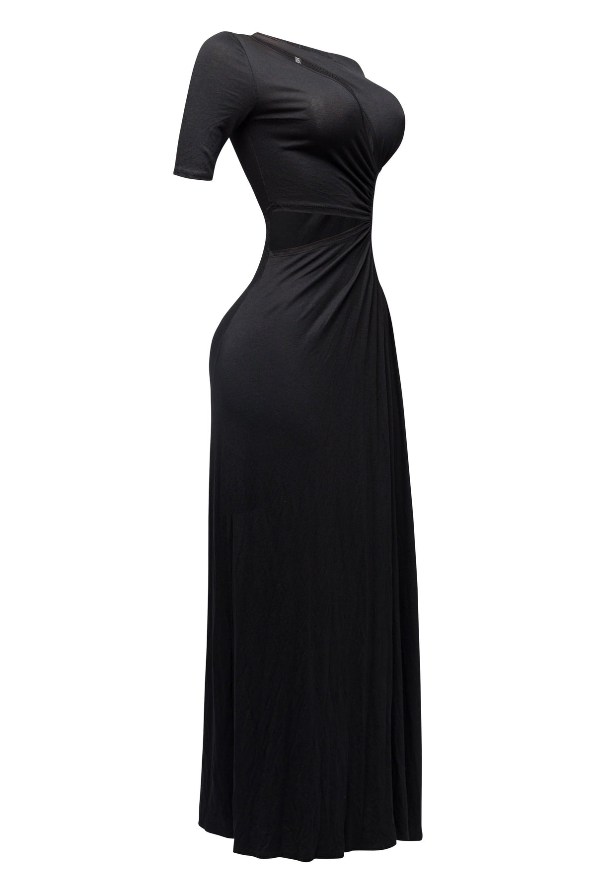 Black short sleeve cutout maxi dress, detail view on model