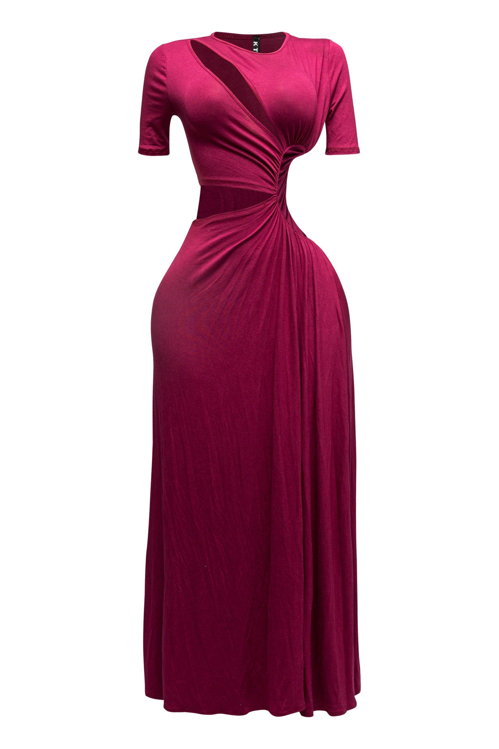 Maroon short sleeve cutout maxi dress, detail view on model