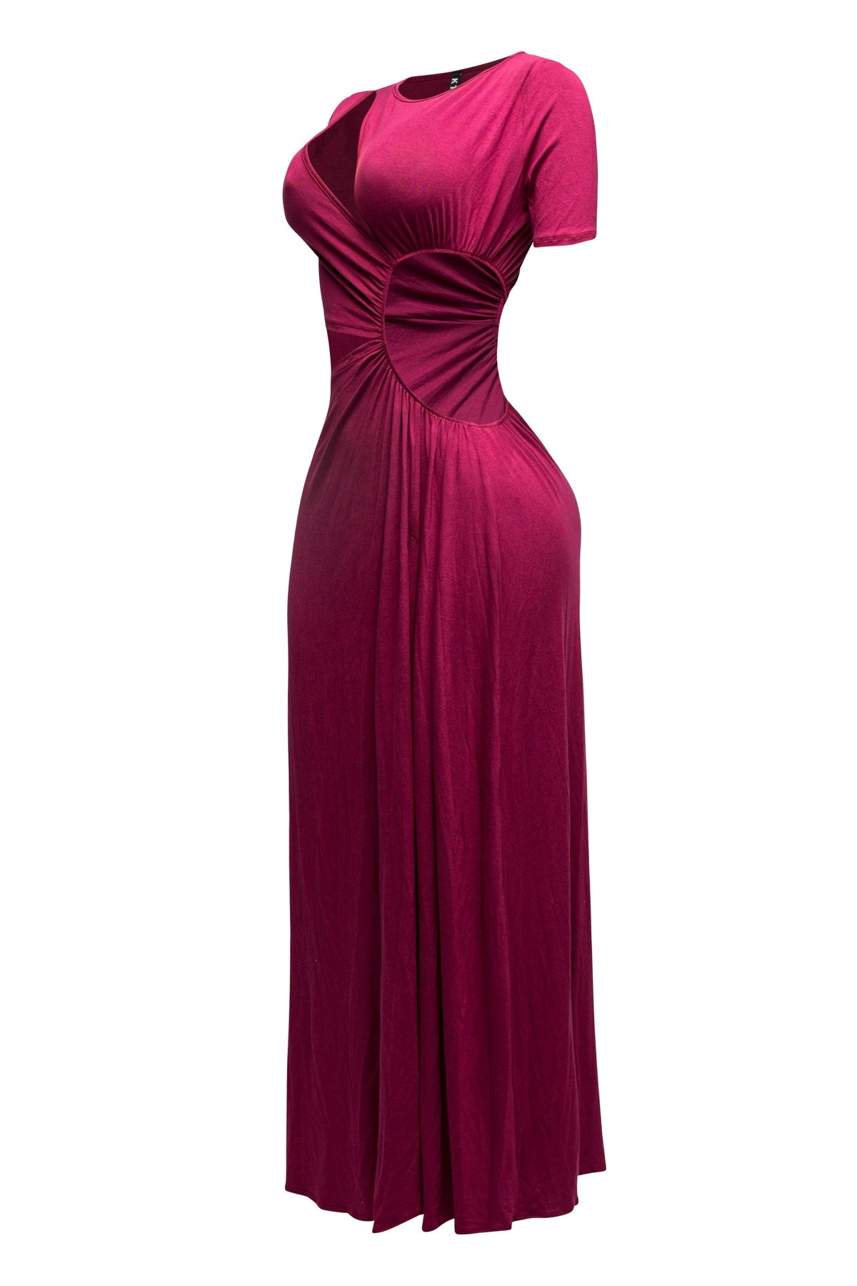 Maroon short sleeve cutout maxi dress, side view on model