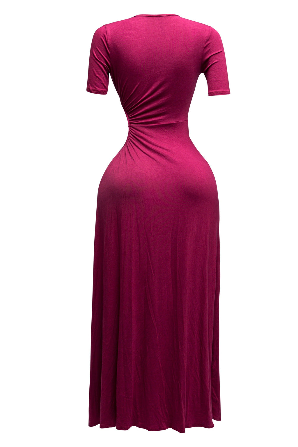 Maroon short sleeve cutout maxi dress, close-up view on model