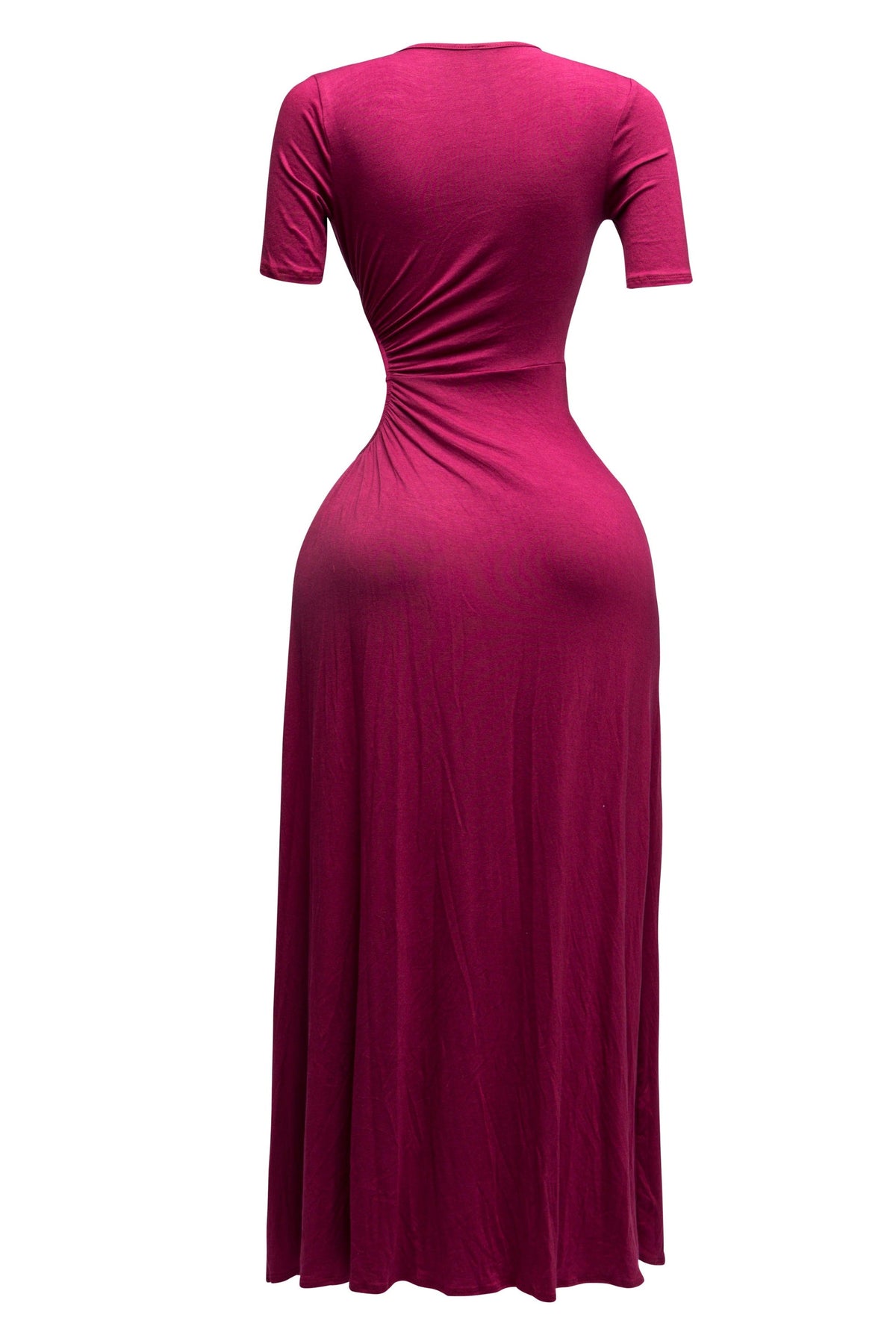 Maroon short sleeve cutout maxi dress, close-up view on model