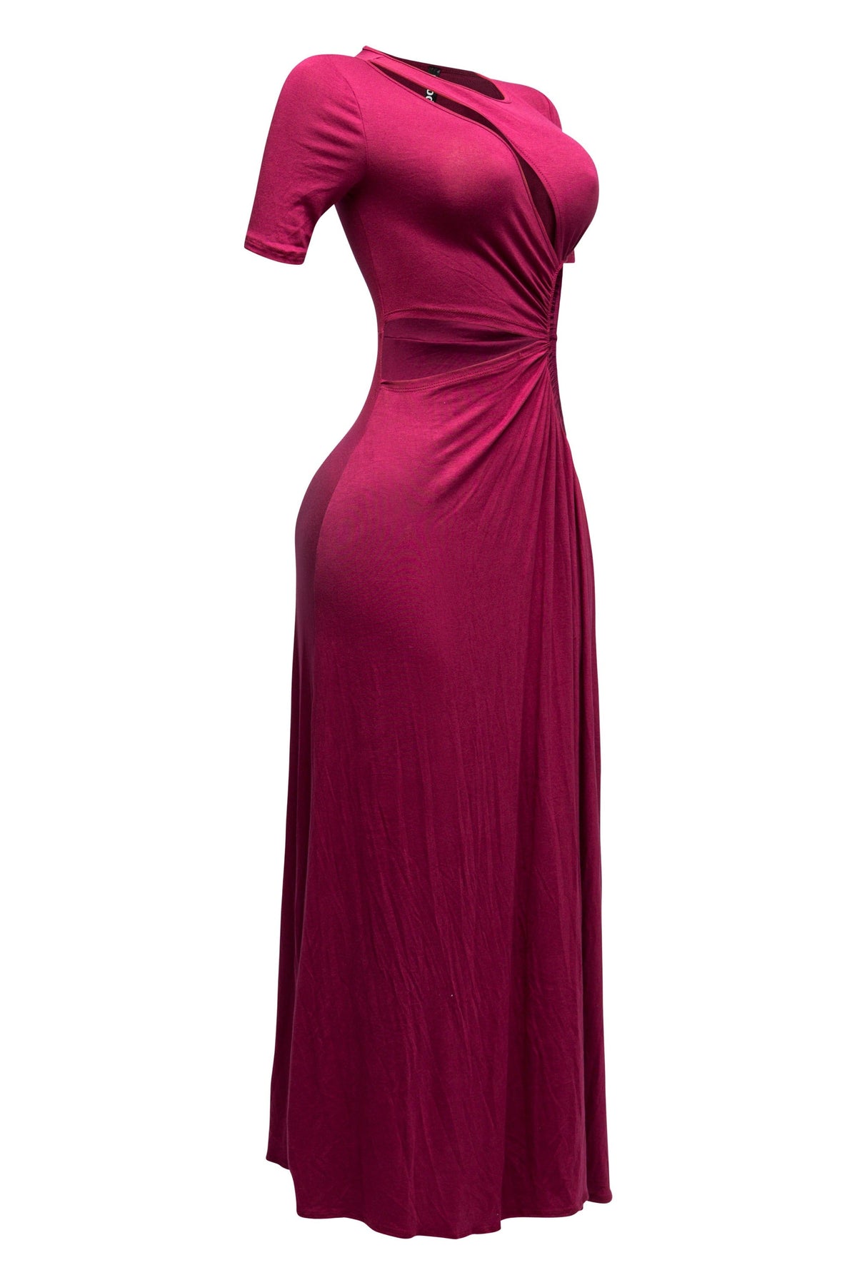 Maroon short sleeve cutout maxi dress, full-length view on model