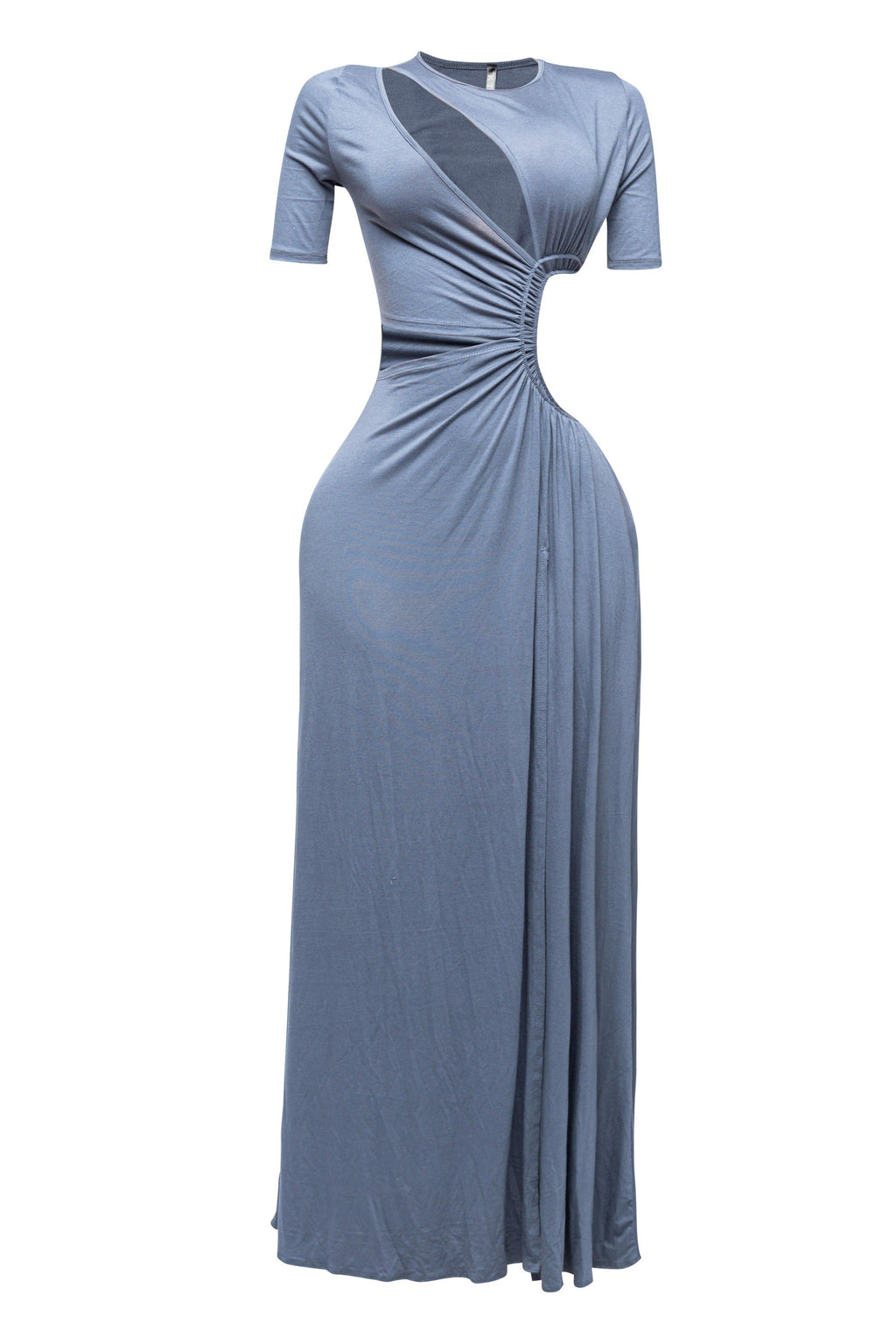 Dark gray short sleeve cutout maxi dress, detail view on model