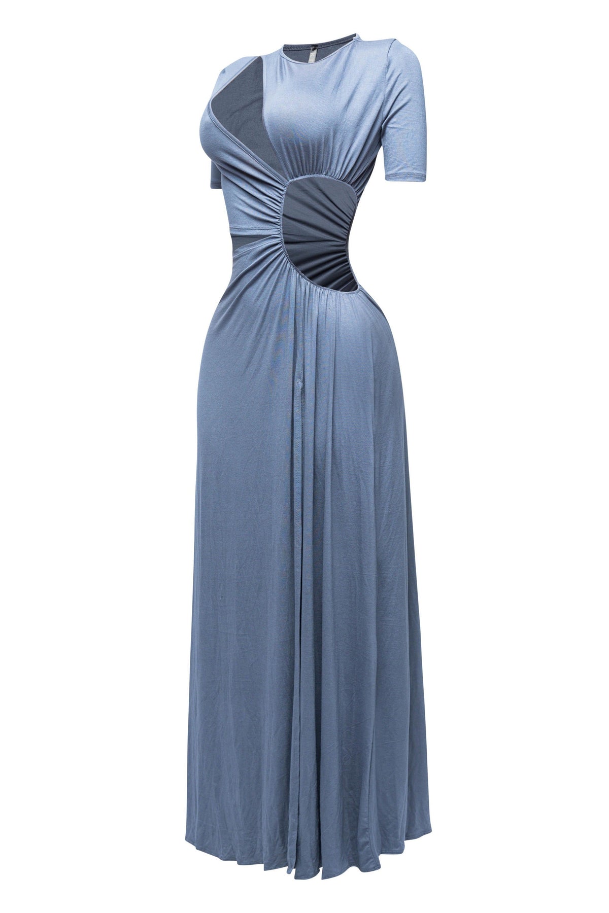 Dark gray short sleeve cutout maxi dress, side view on model