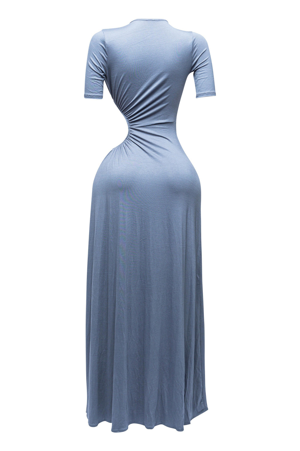 Dark gray short sleeve cutout maxi dress, close-up view on model