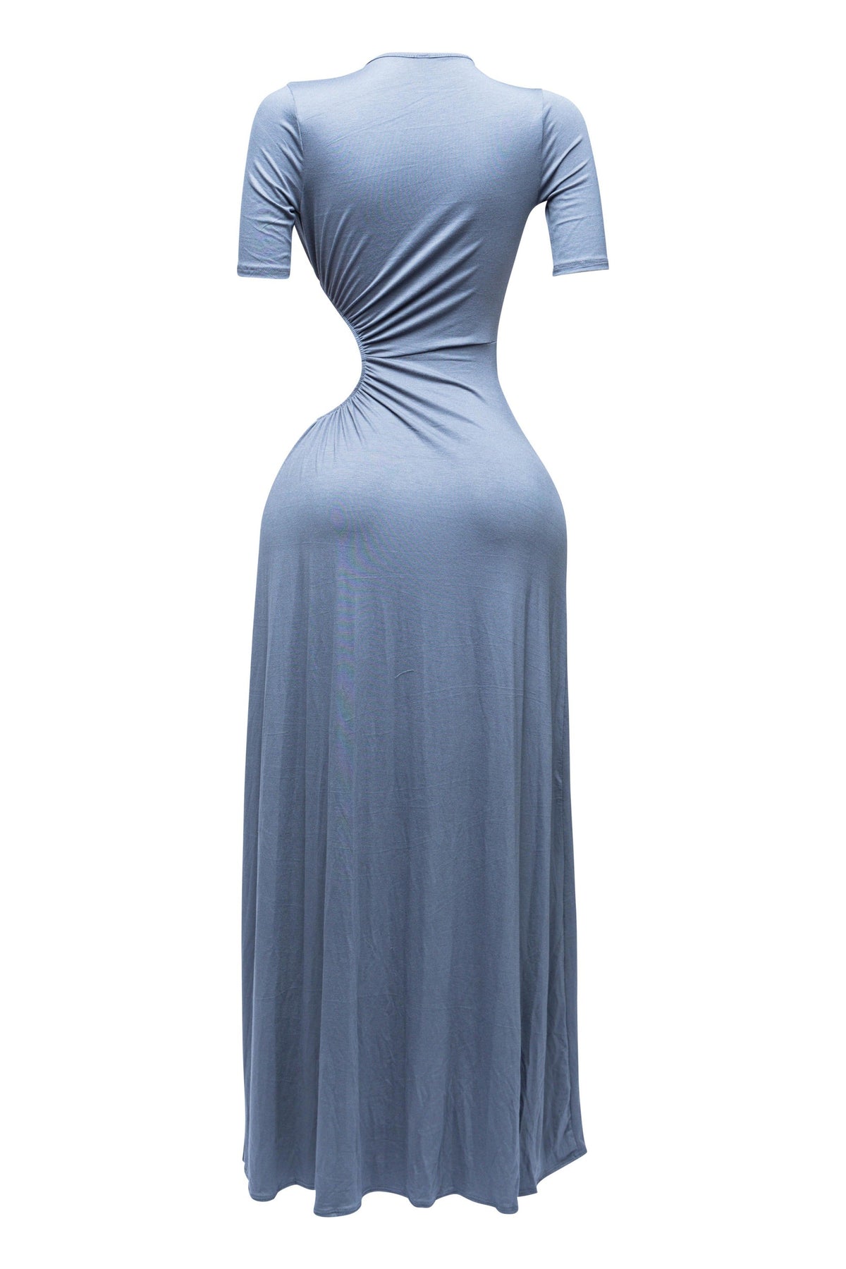 Dark gray short sleeve cutout maxi dress, close-up view on model