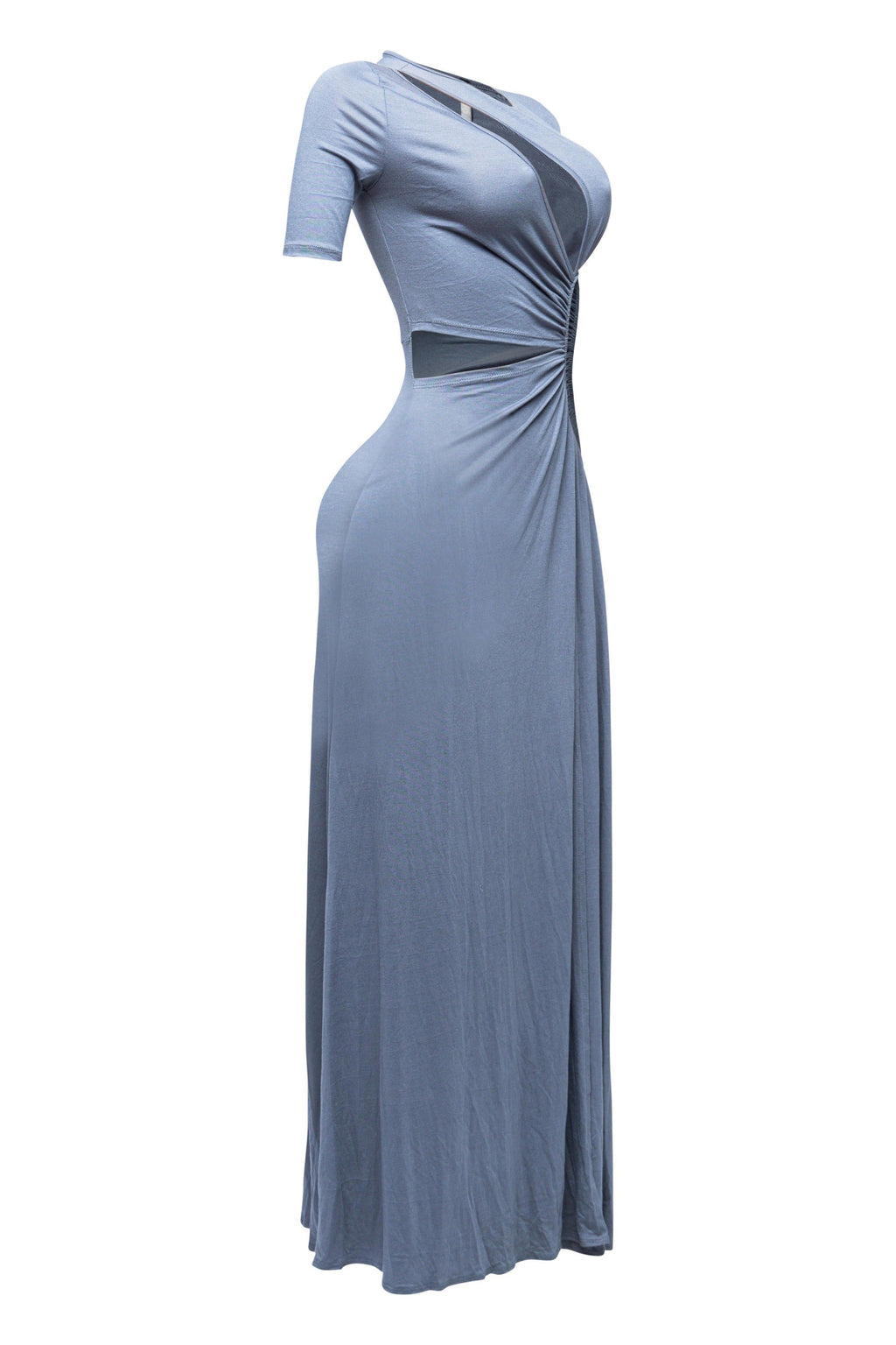 Dark gray short sleeve cutout maxi dress, full-length view on model