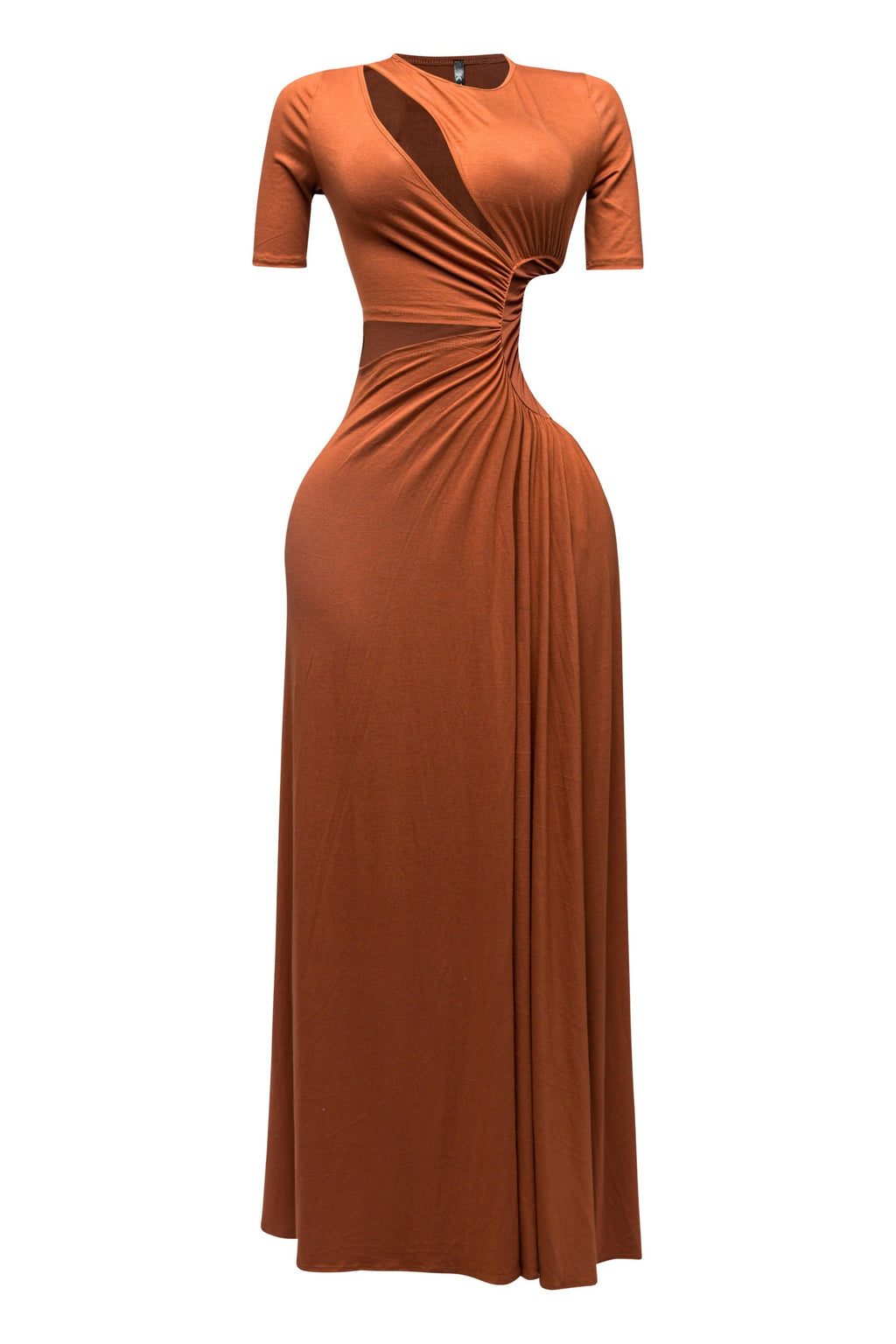 Mocha brown short sleeve cutout maxi dress, detail view on model