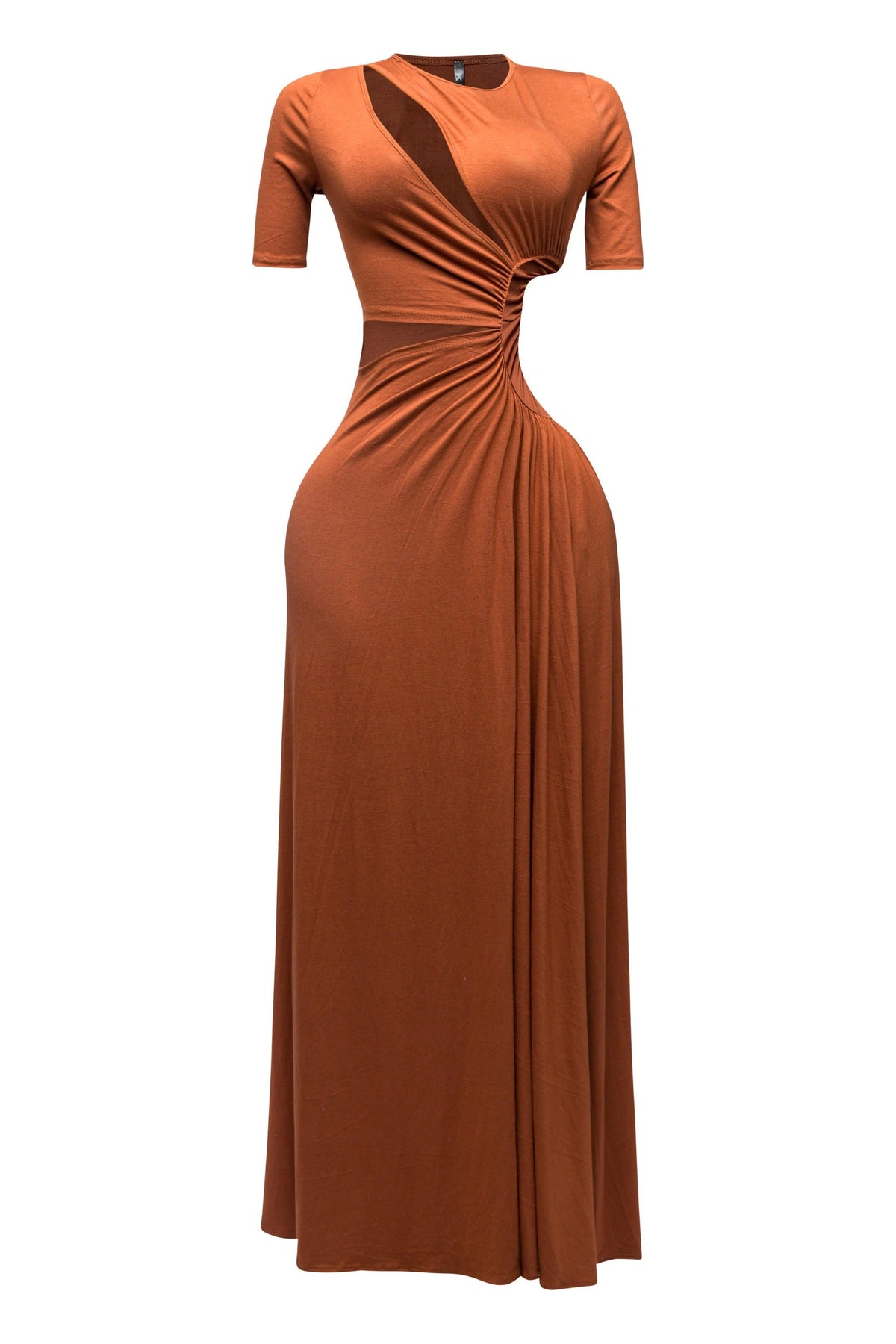 Mocha brown short sleeve cutout maxi dress, detail view on model