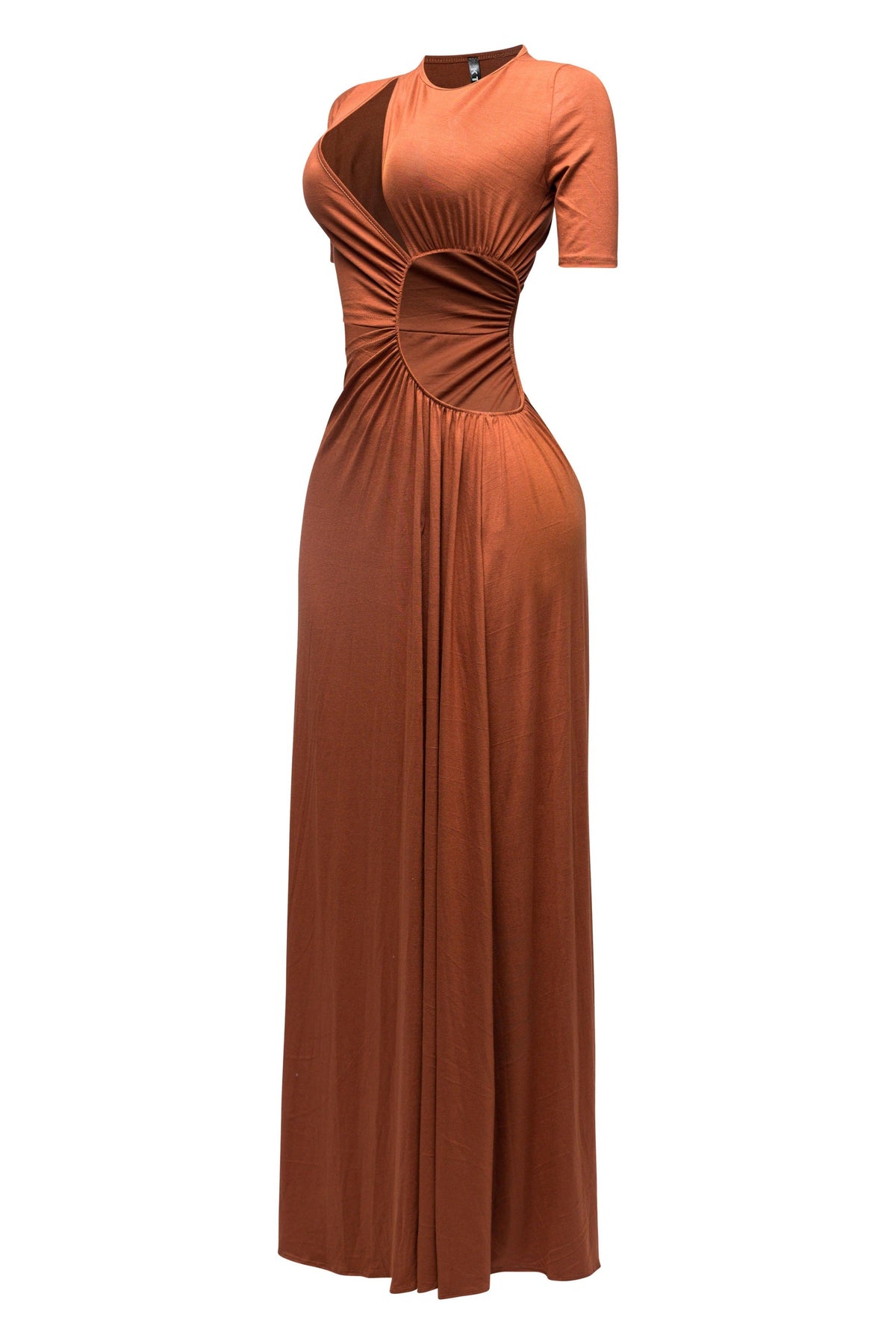 Mocha brown short sleeve cutout maxi dress, front view on model