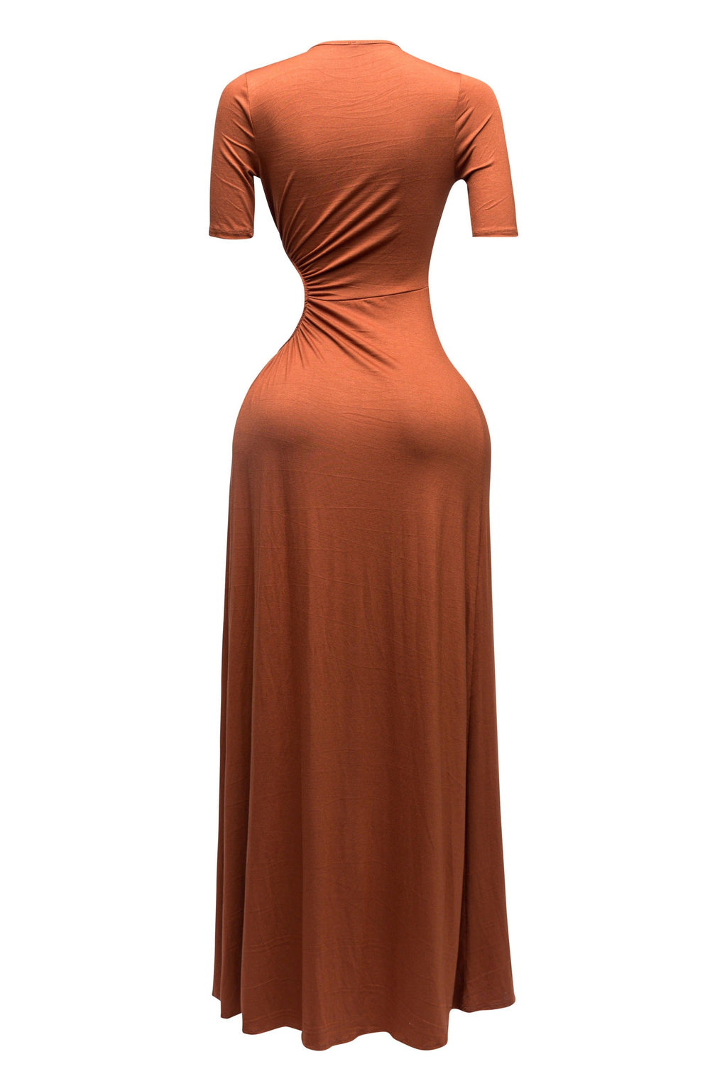Mocha brown short sleeve cutout maxi dress, alternate front view on model