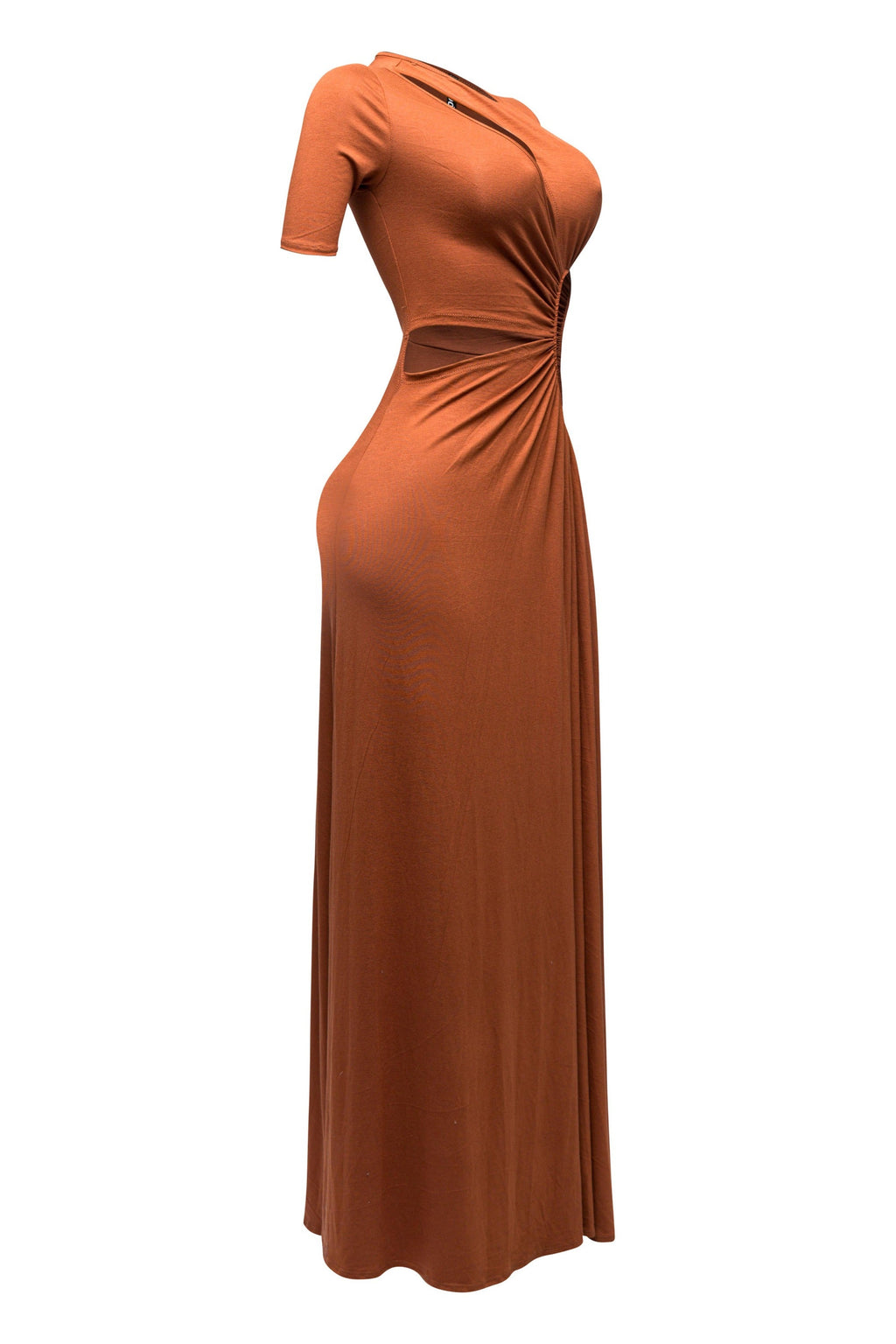 Mocha brown short sleeve cutout maxi dress, back view on model