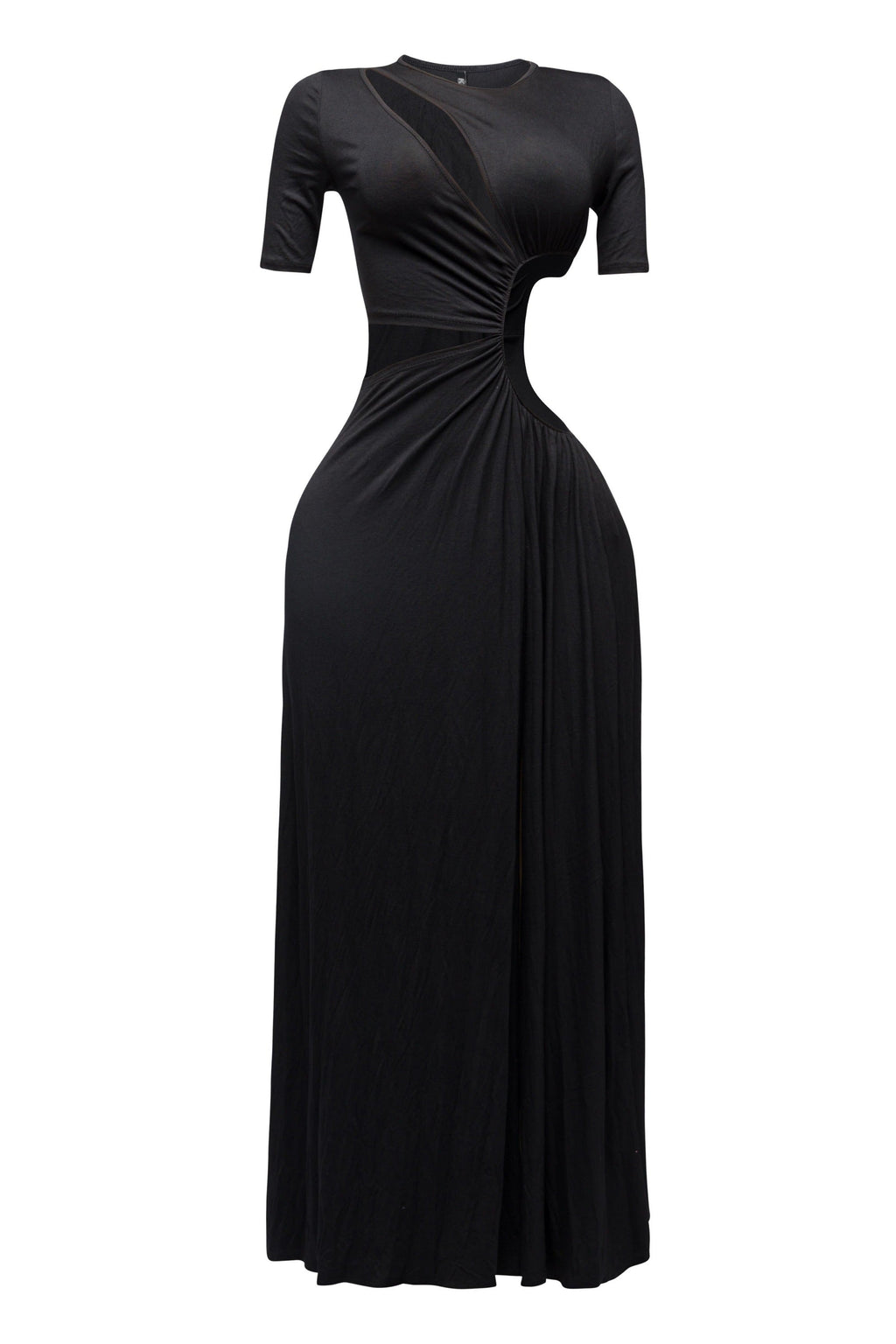 Black short sleeve cutout maxi dress, front view on model