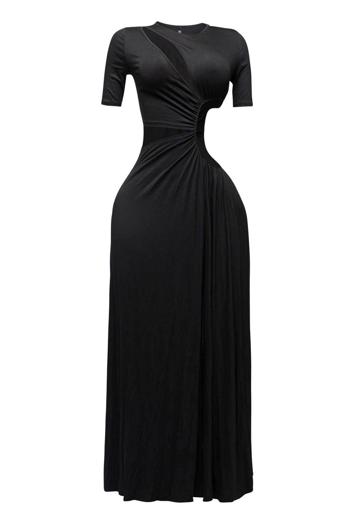 Black short sleeve cutout maxi dress, front view on model