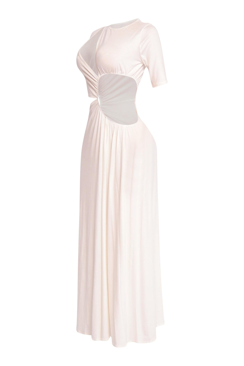 Ivory short sleeve cutout maxi dress, detail view on model