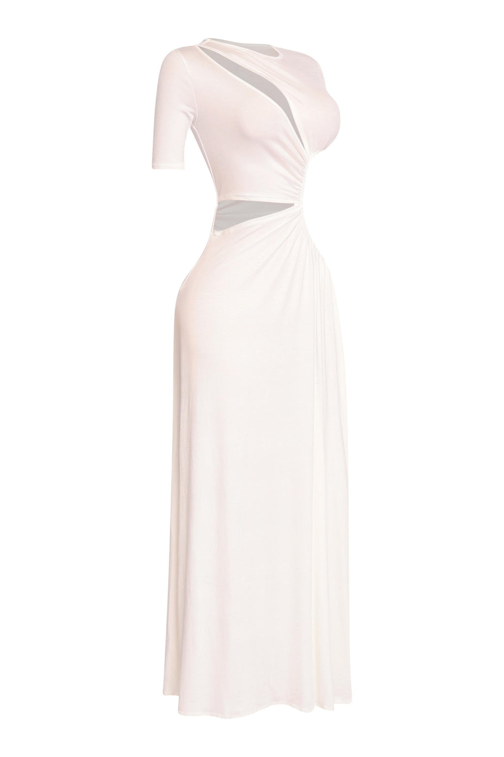 Ivory short sleeve cutout maxi dress, front view on model