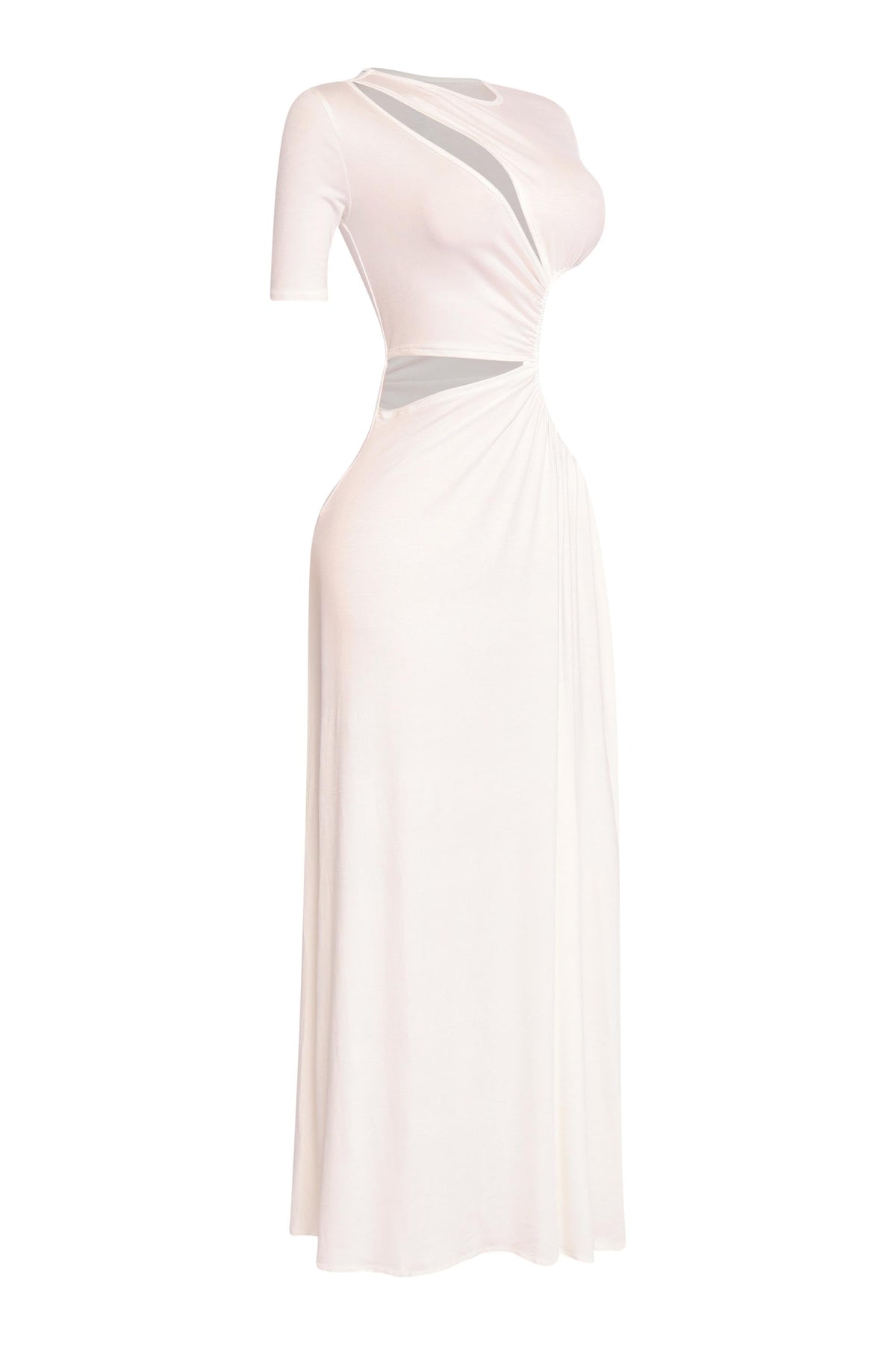 Ivory short sleeve cutout maxi dress, front view on model