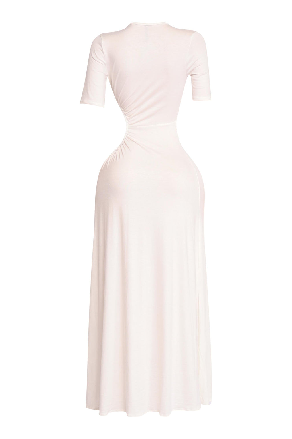 Ivory short sleeve cutout maxi dress, back view on model