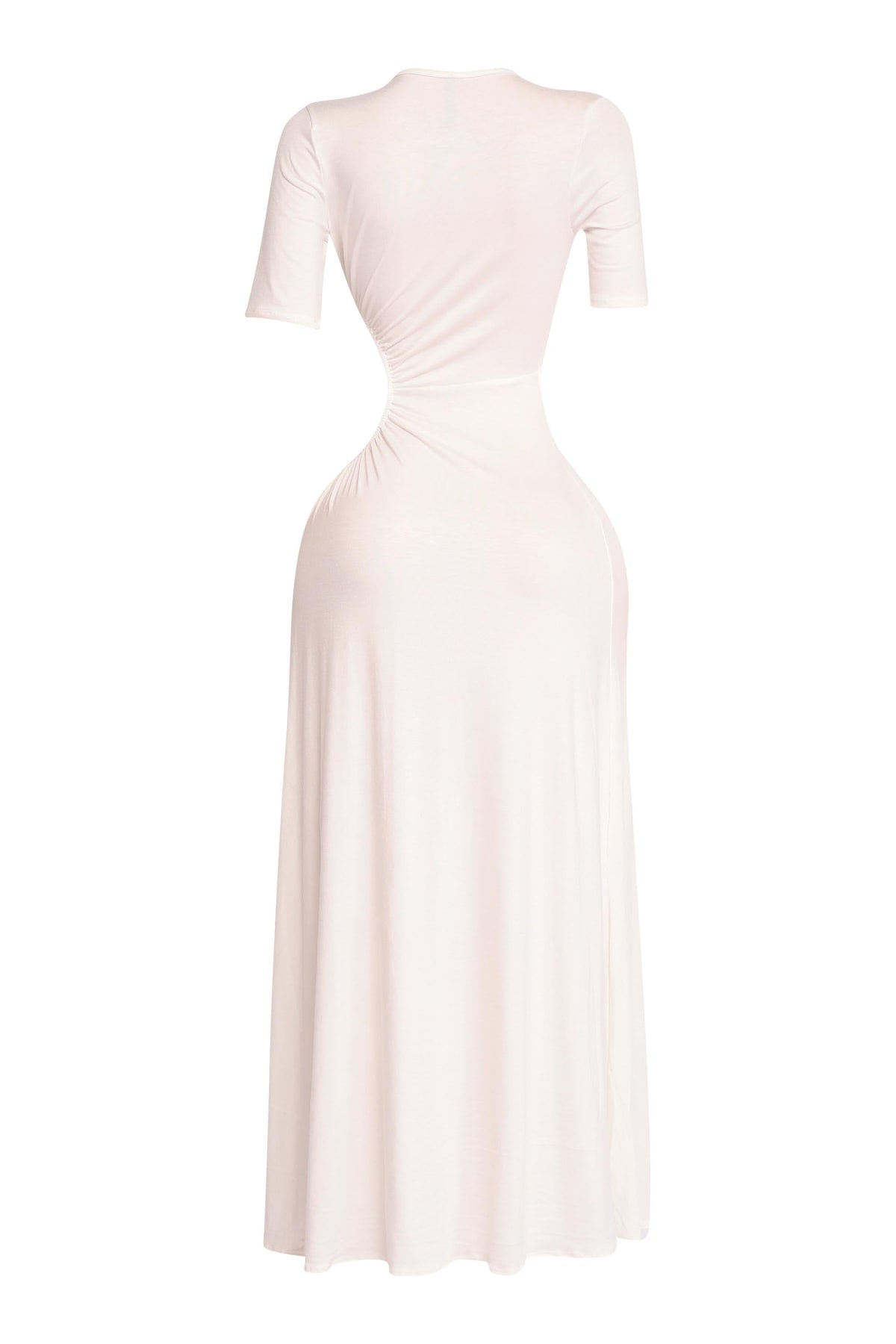 Ivory short sleeve cutout maxi dress, back view on model