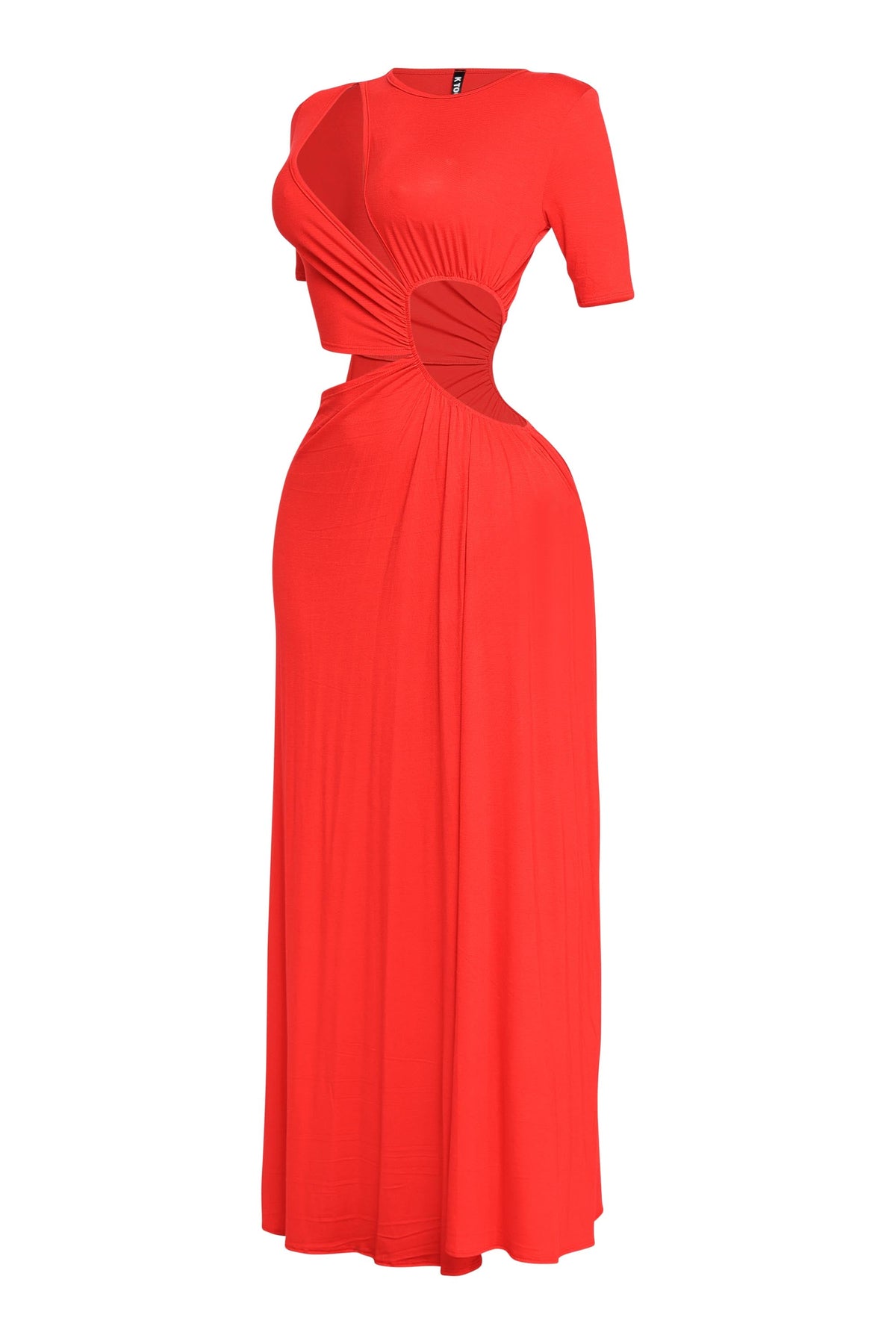 Red short sleeve cutout maxi dress, back view on model