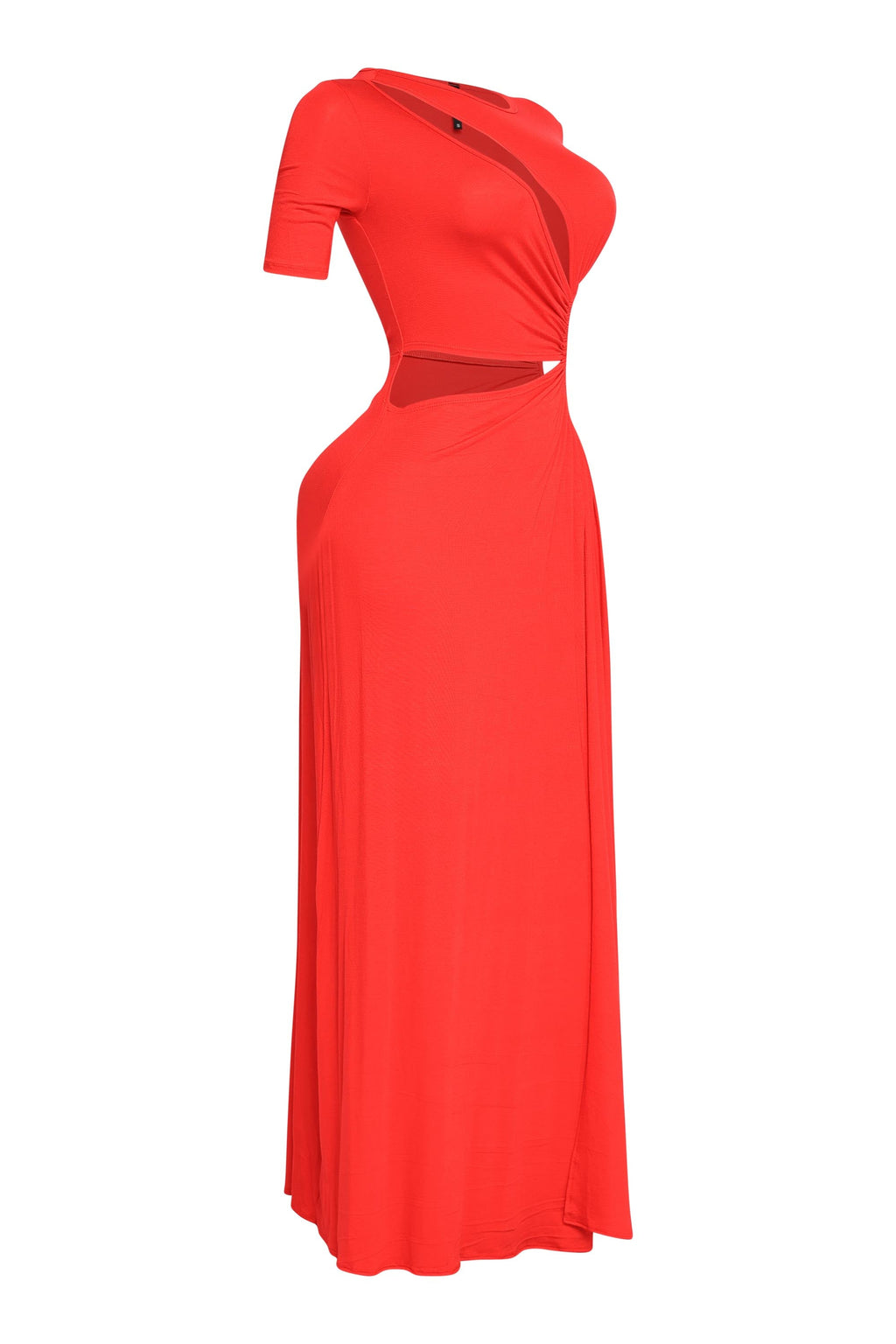 Red short sleeve cutout maxi dress, alternate front view on model