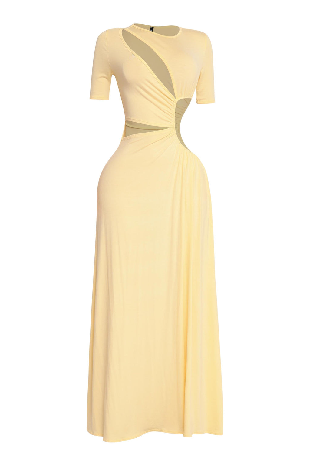 Yellow short sleeve cutout maxi dress, detail view on model
