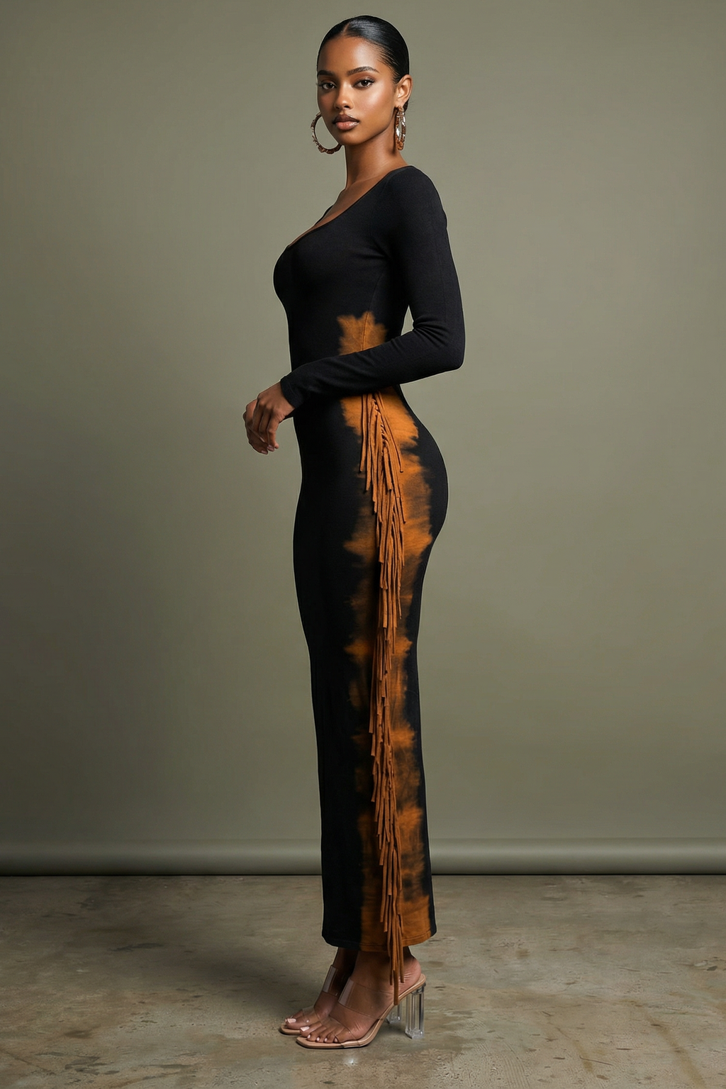 Two Tone Fringe Maxi Dress in Brown Taupe – Side view
