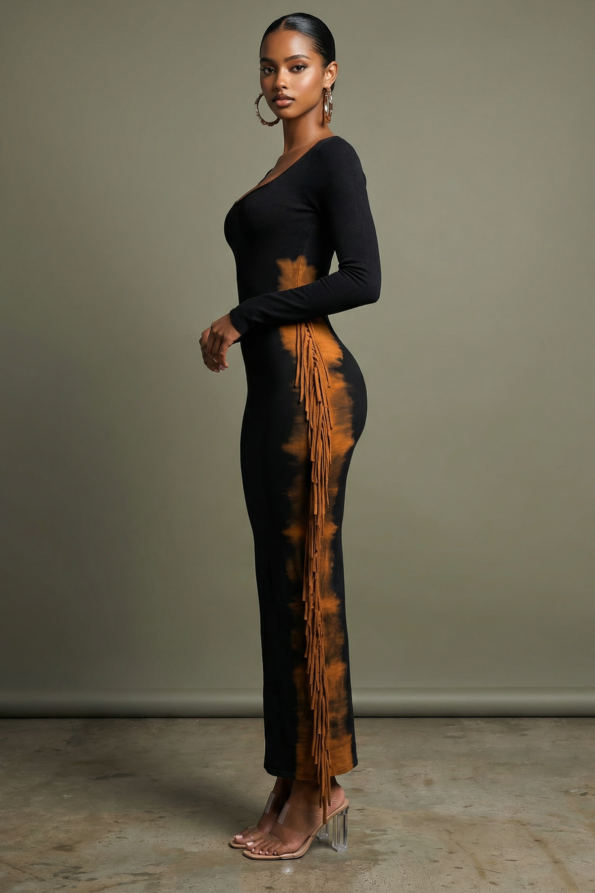 Two Tone Fringe Maxi Dress in Brown Taupe – Side view
