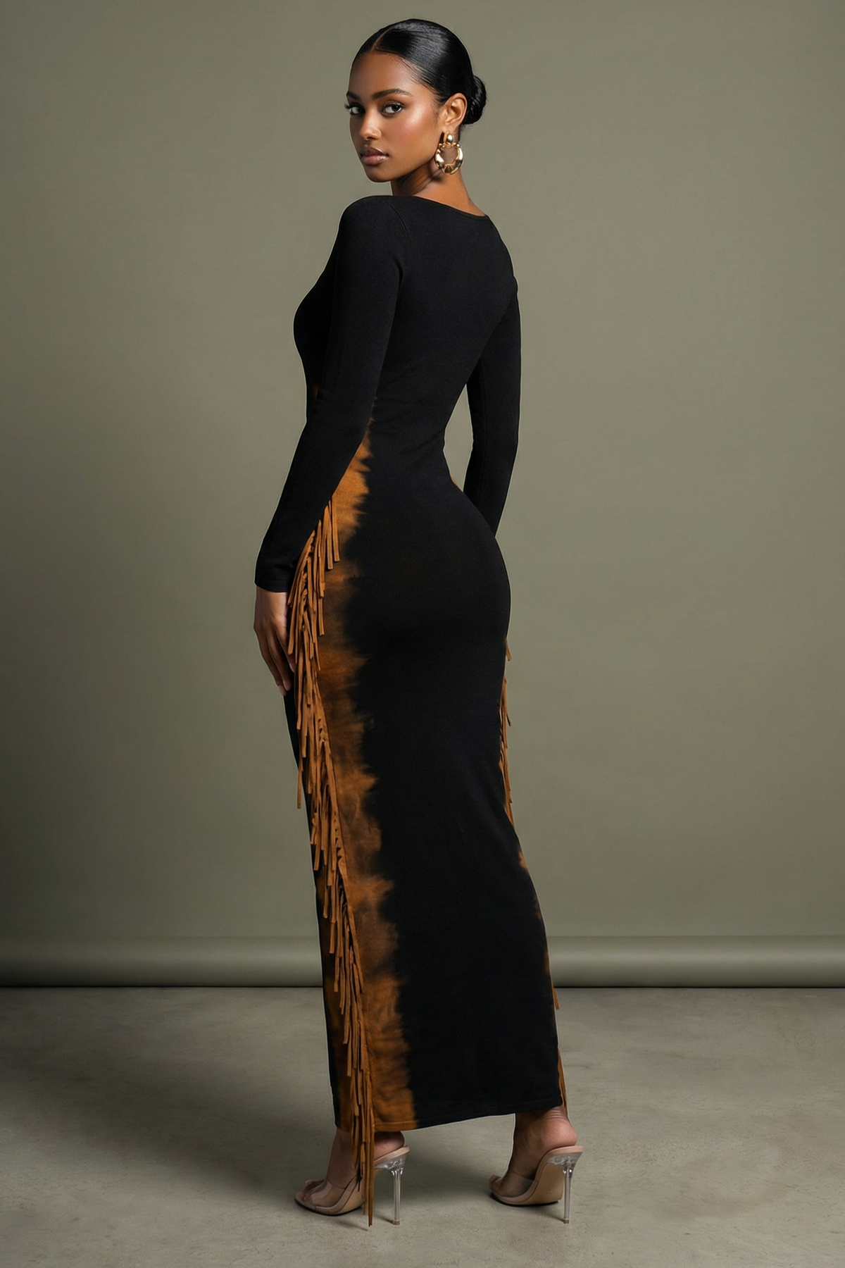 Two Tone Fringe Maxi Dress in Brown Taupe – Back view