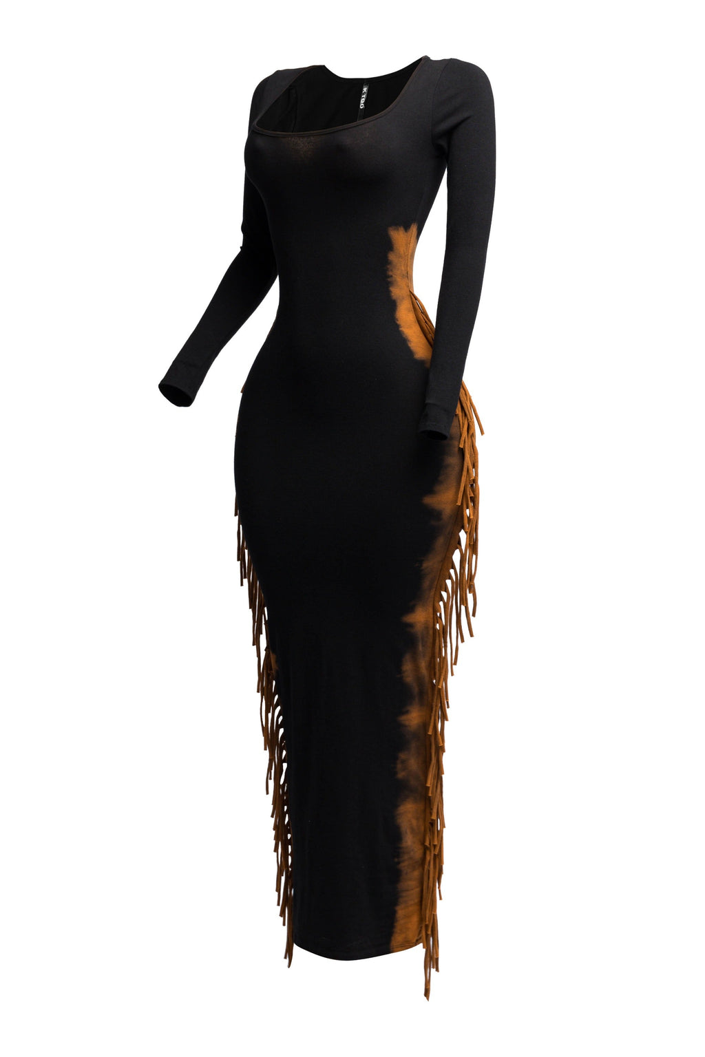 Black and rust two tone fringe maxi dress, back view on model