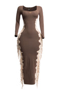 Brown and taupe two tone fringe maxi dress, front view on model
