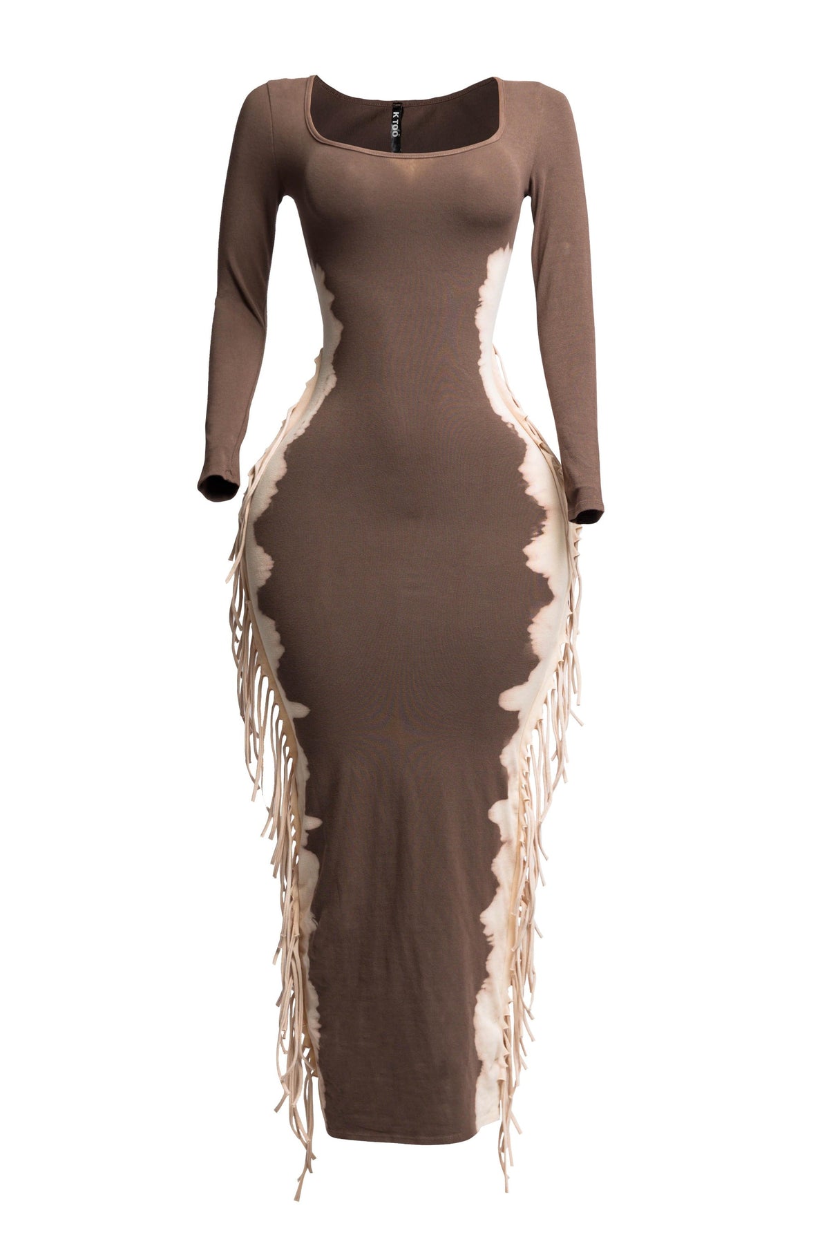 Brown and taupe two tone fringe maxi dress, front view on model