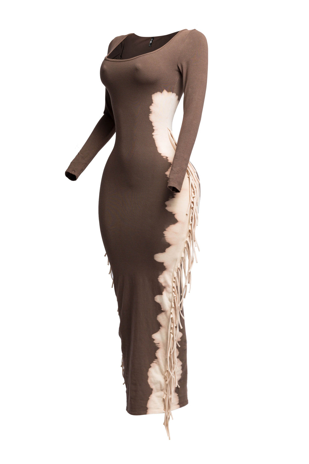 Brown and taupe two tone fringe maxi dress, back view on model