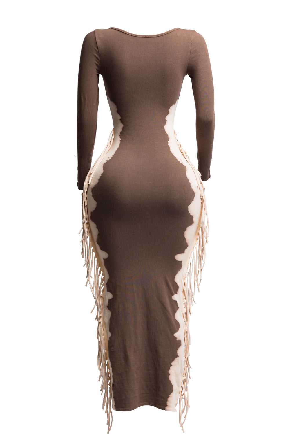 Brown and taupe two tone fringe maxi dress, alternate front view on model