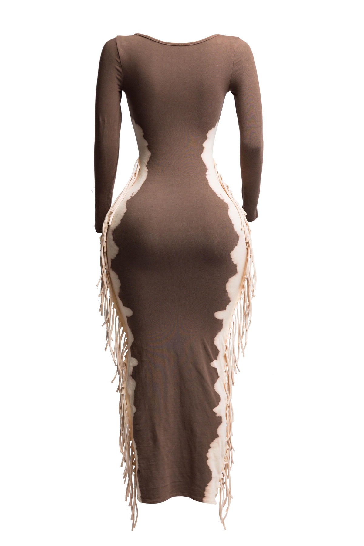 Brown and taupe two tone fringe maxi dress, alternate front view on model