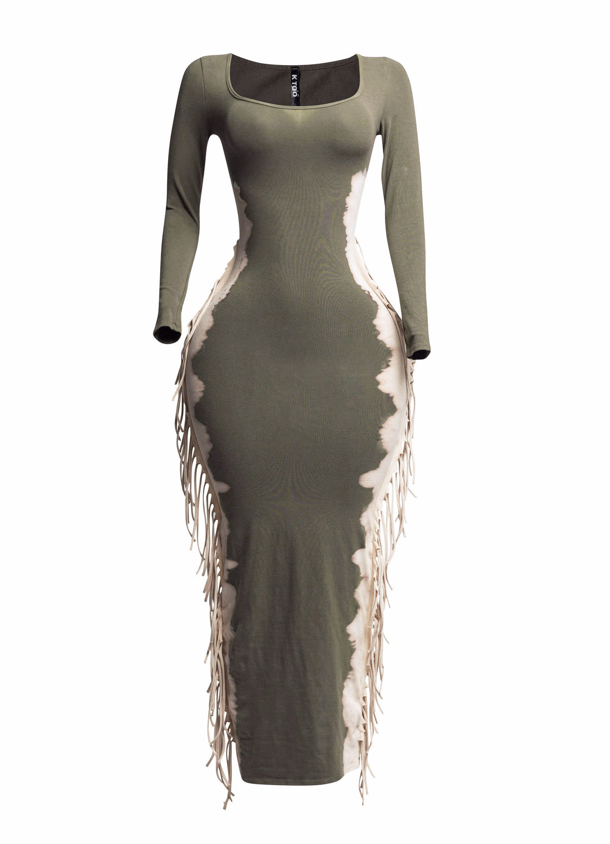 Olive and taupe two tone fringe maxi dress, front view on model