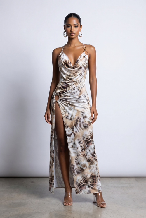 Cowl Neck Open Back Maxi Dress in Multi Size S – Front View