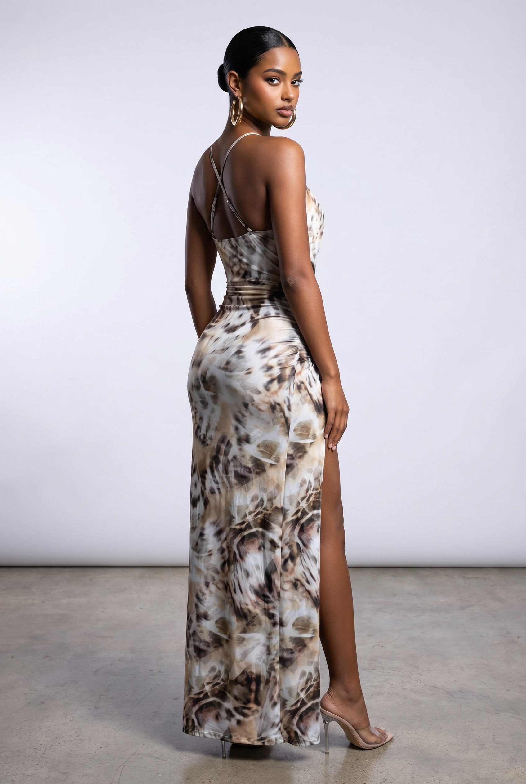 Cowl Neck Open Back Maxi Dress in Multi Size M – Back View