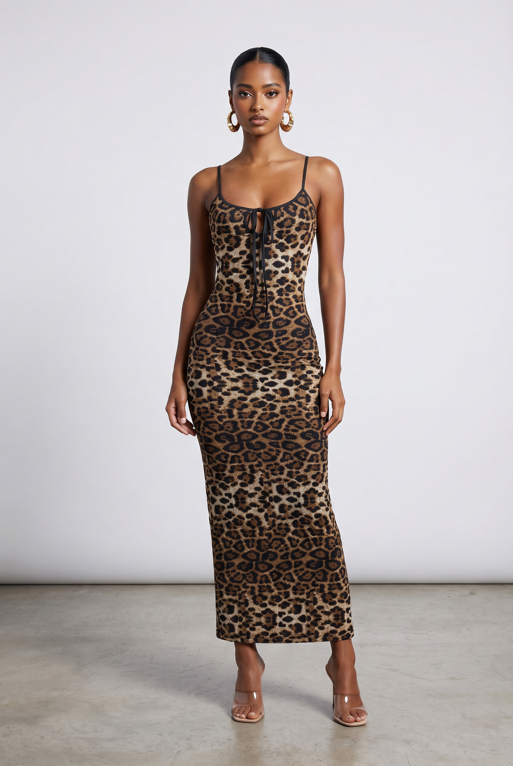 Leopard Print Mesh Tie Front Maxi Dress in Leopard Size S – Front View