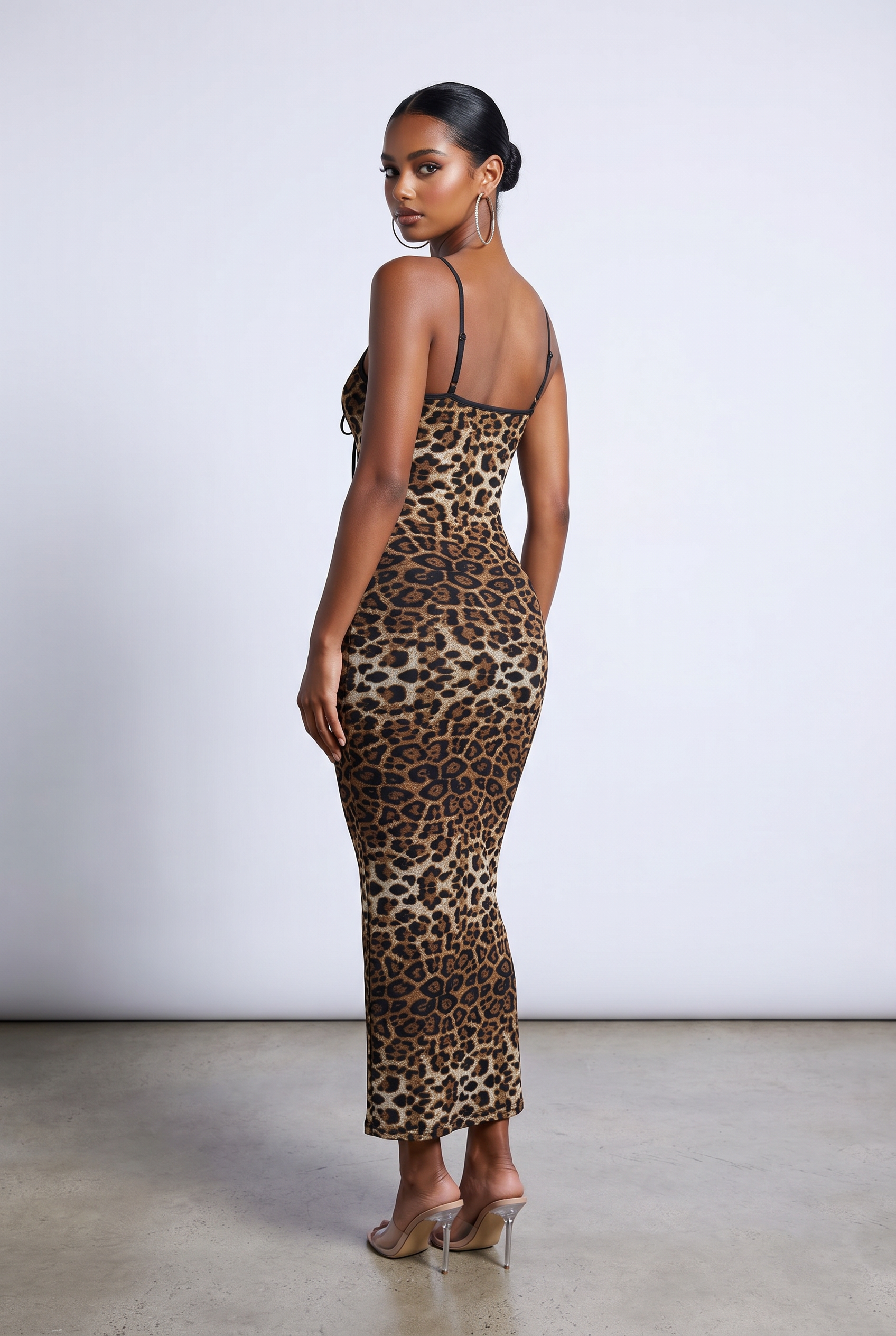 Leopard Print Mesh Tie Front Maxi Dress in Leopard Size M – Back View