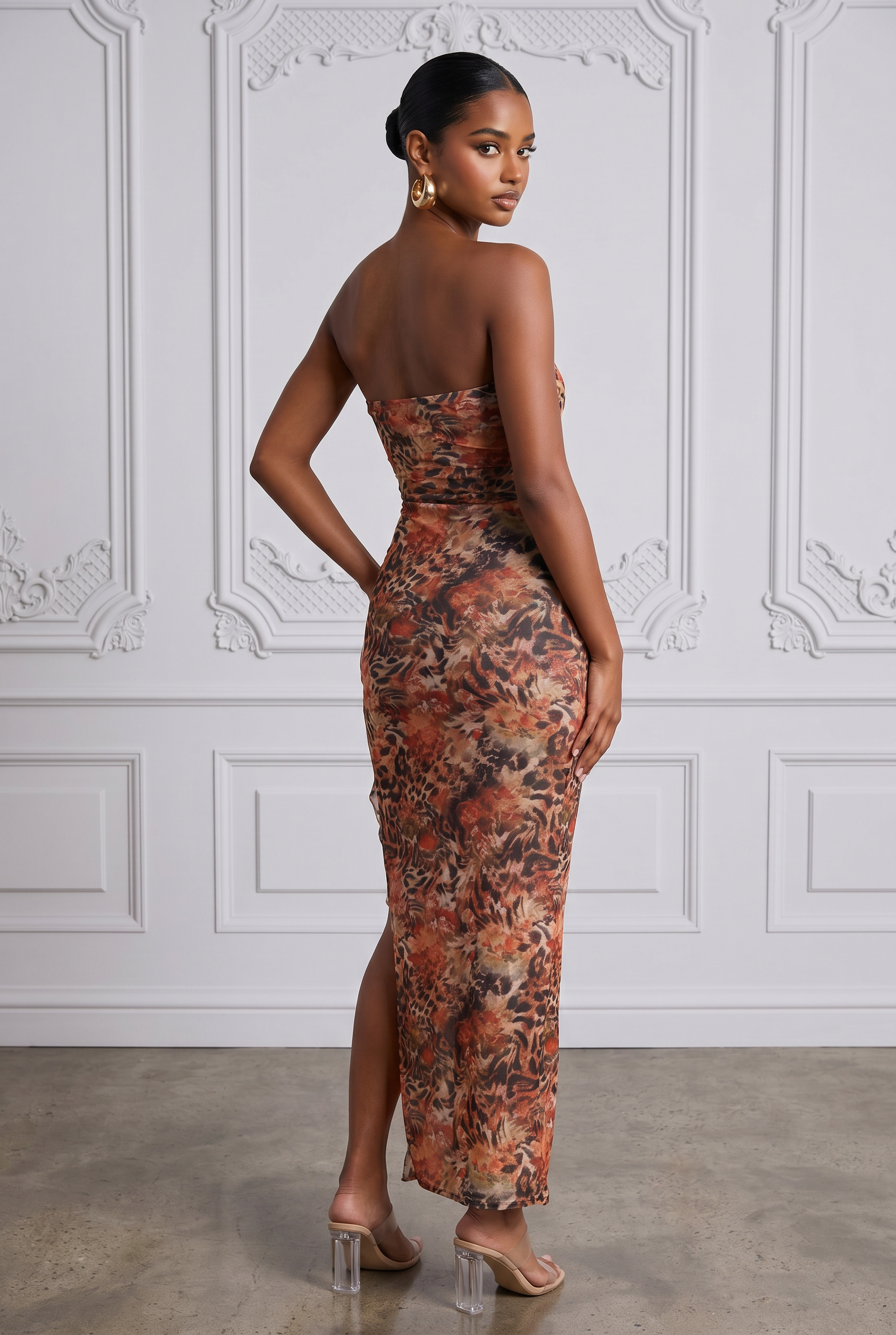 Strapless Ruffle One-Leg Cutout Maxi Dress in Multi Size M – Side View