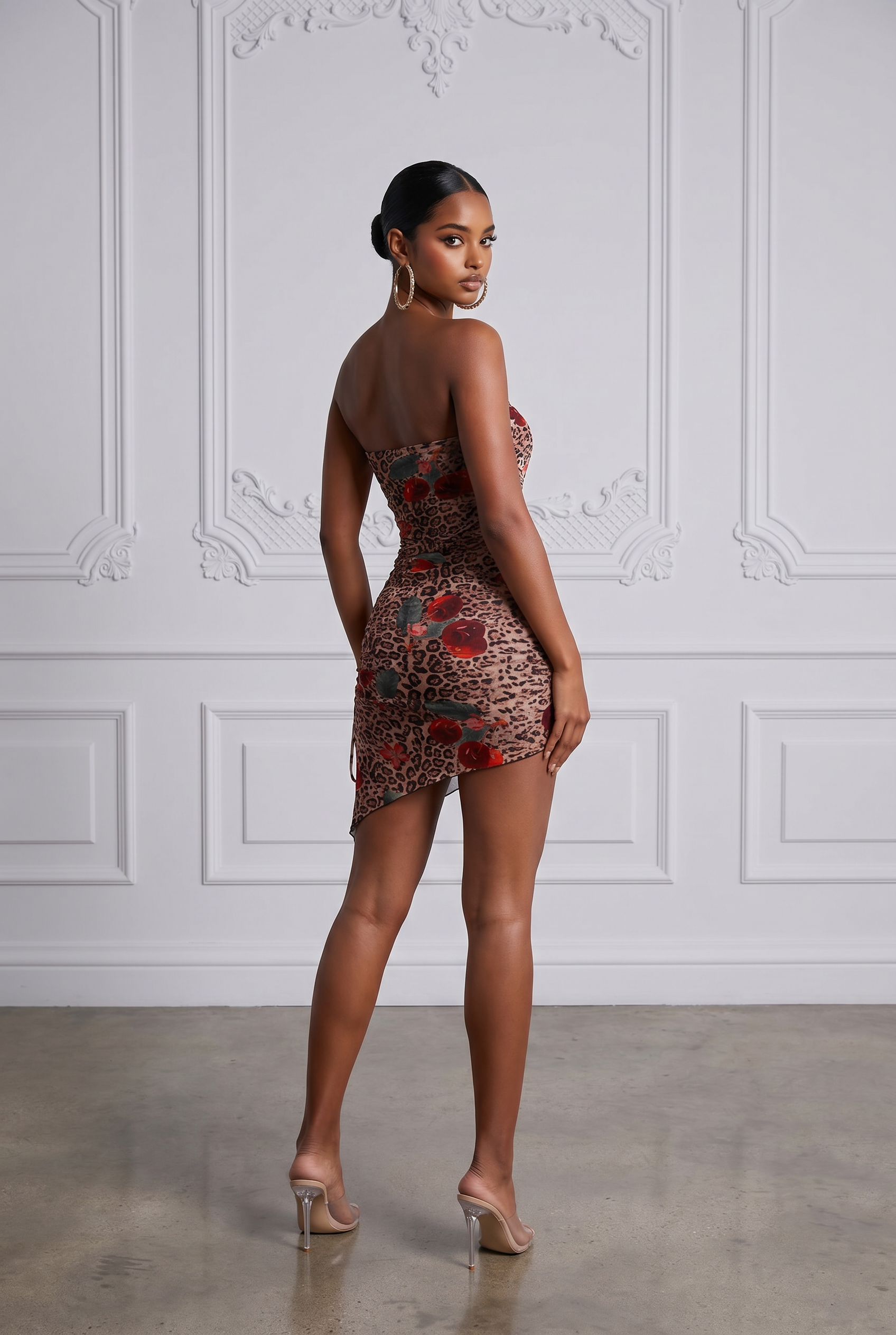 Printed Mesh Asymmetrical Tube Dress in Multi Size L – Side View