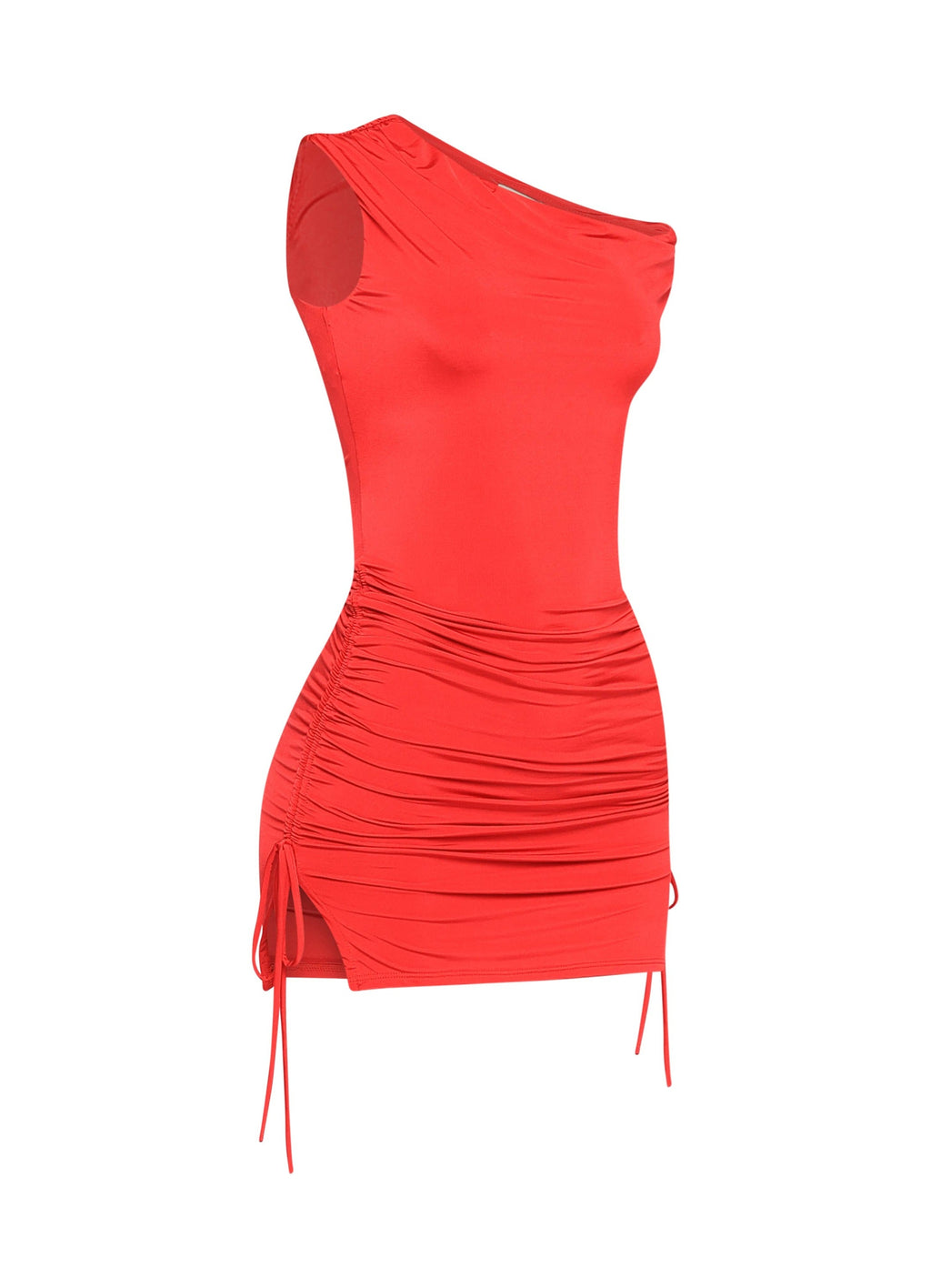 Red asymmetrical ruched mini dress, angled view on model