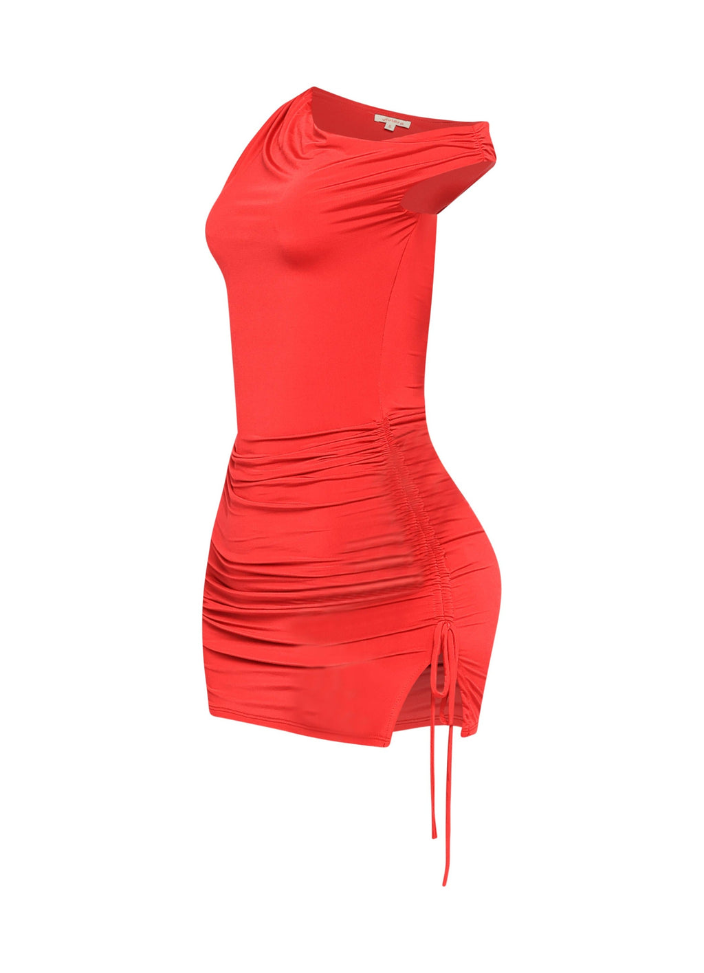 Red asymmetrical ruched mini dress, full-length view on model