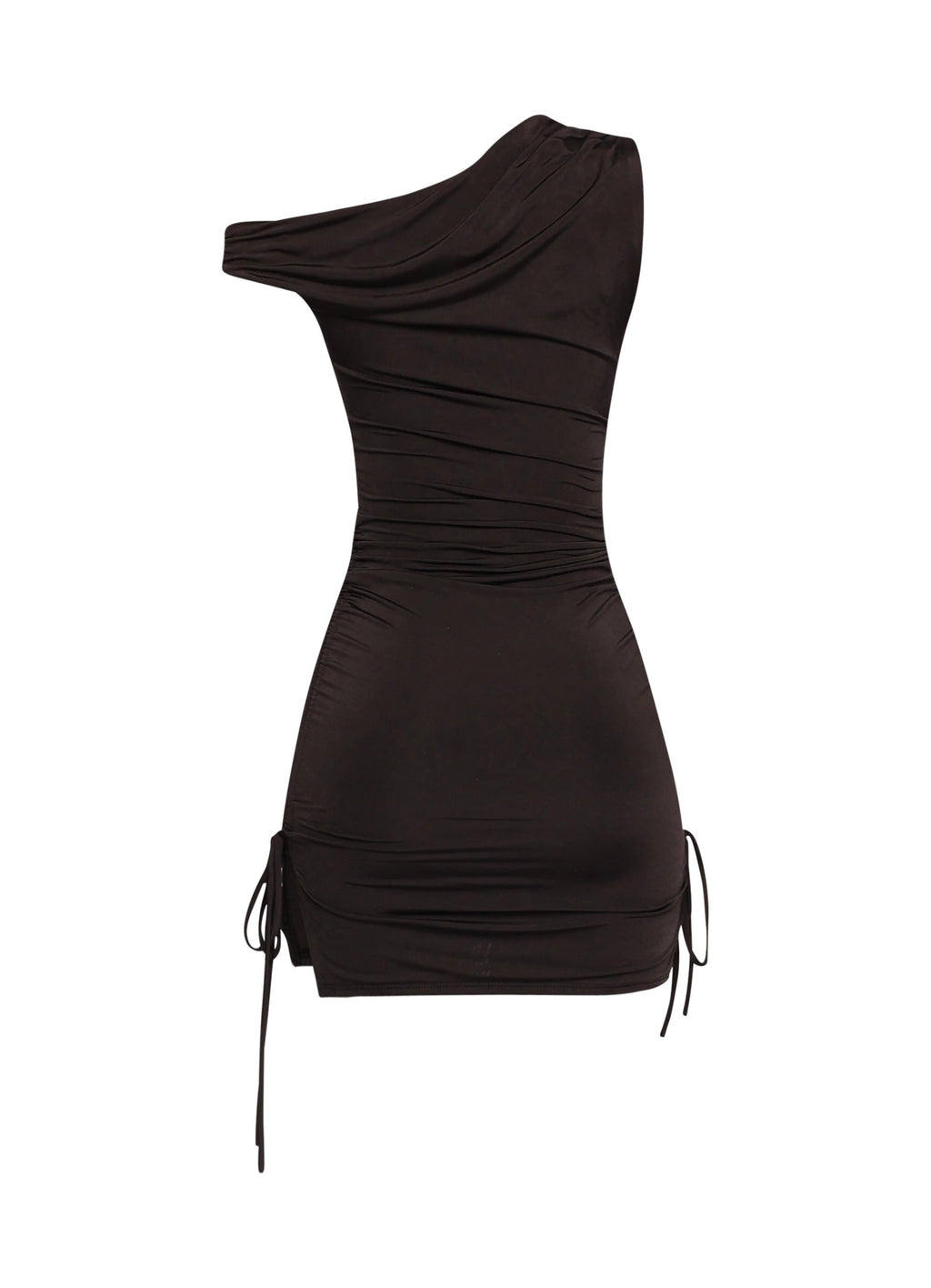 Asymmetrical Ruched Mini Dress in Black – Detail view
