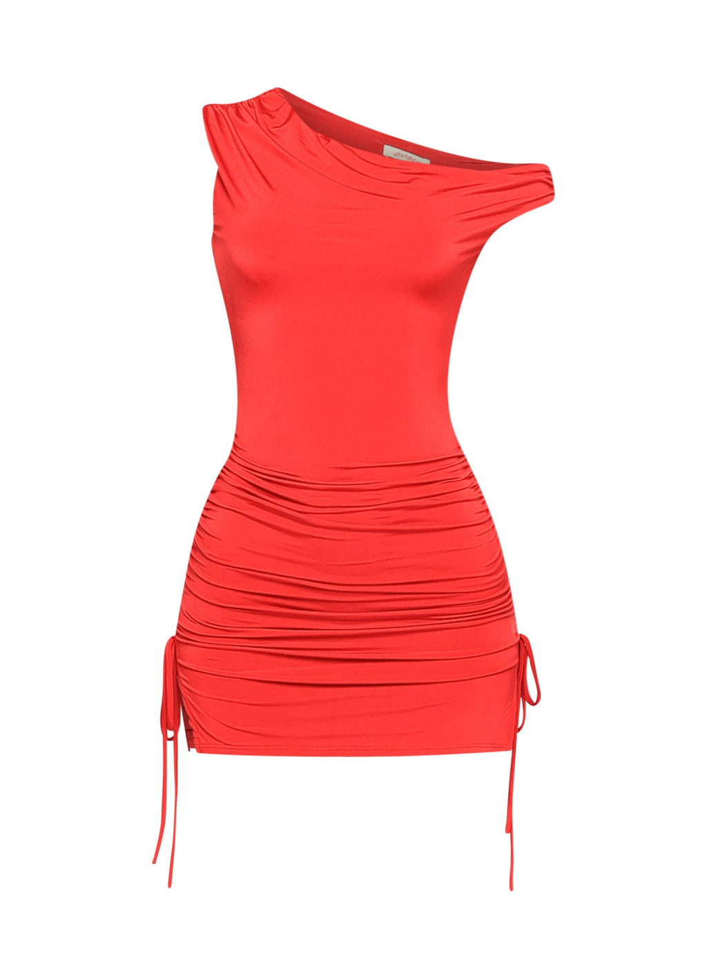 Red asymmetrical ruched mini dress, styled look on model