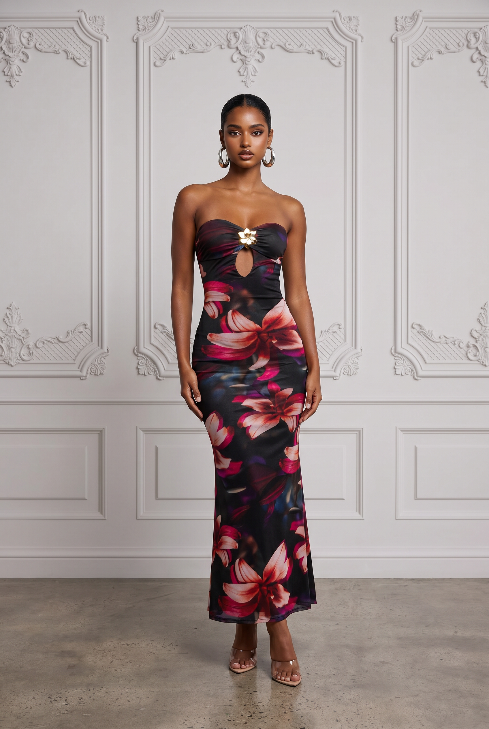 Strapless Cutout Midi Dress in Black Combo Size XS – Front View