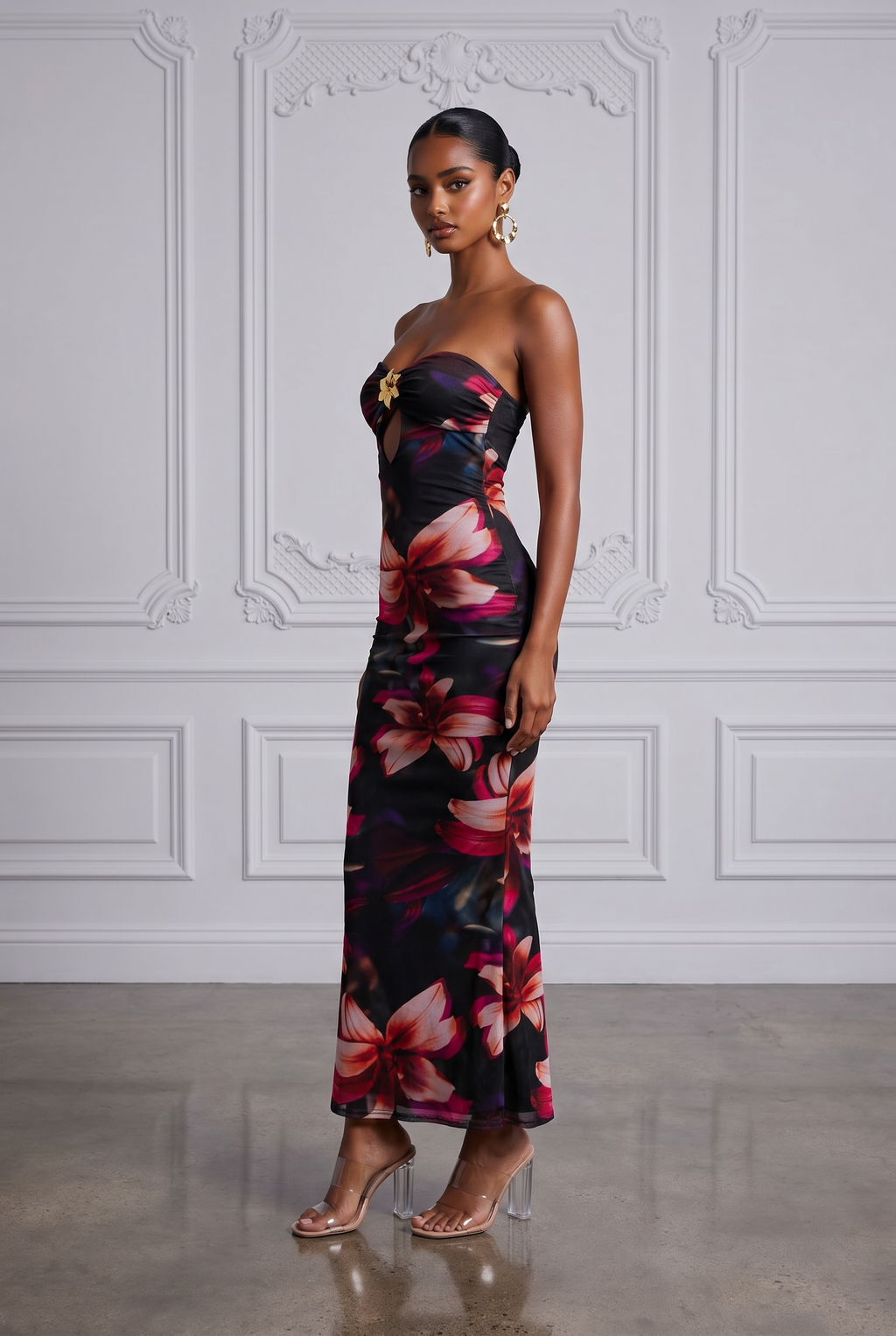 Strapless Cutout Midi Dress in Black Combo Size L – Detail View
