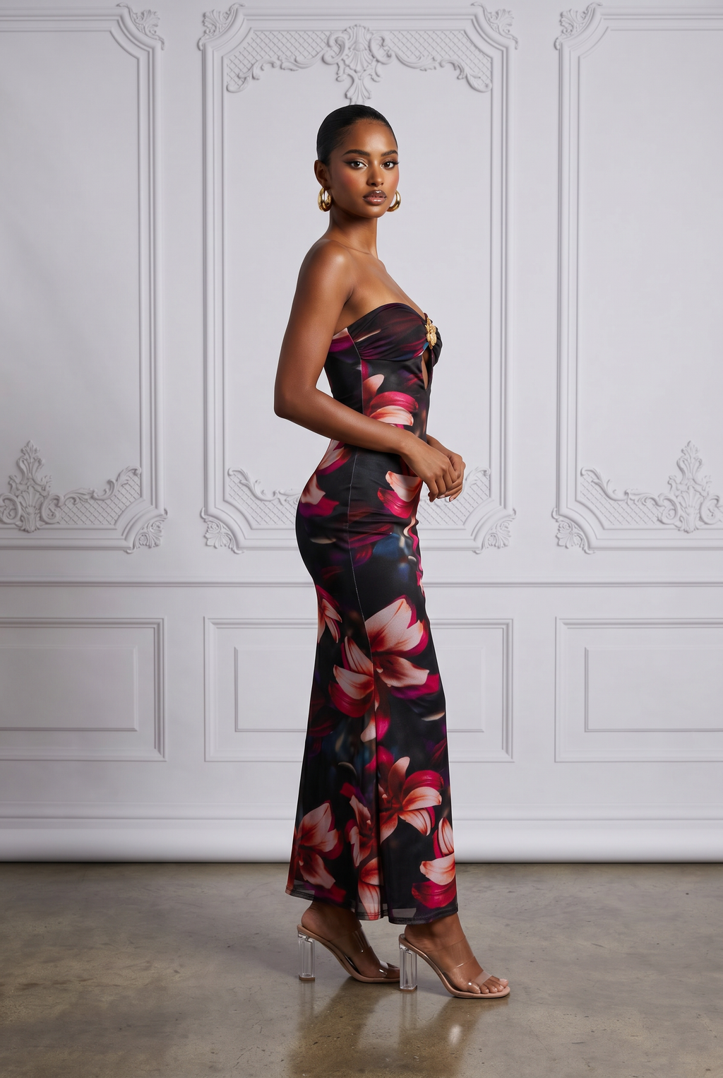 Strapless Cutout Midi Dress in Black Combo Size M – Side View